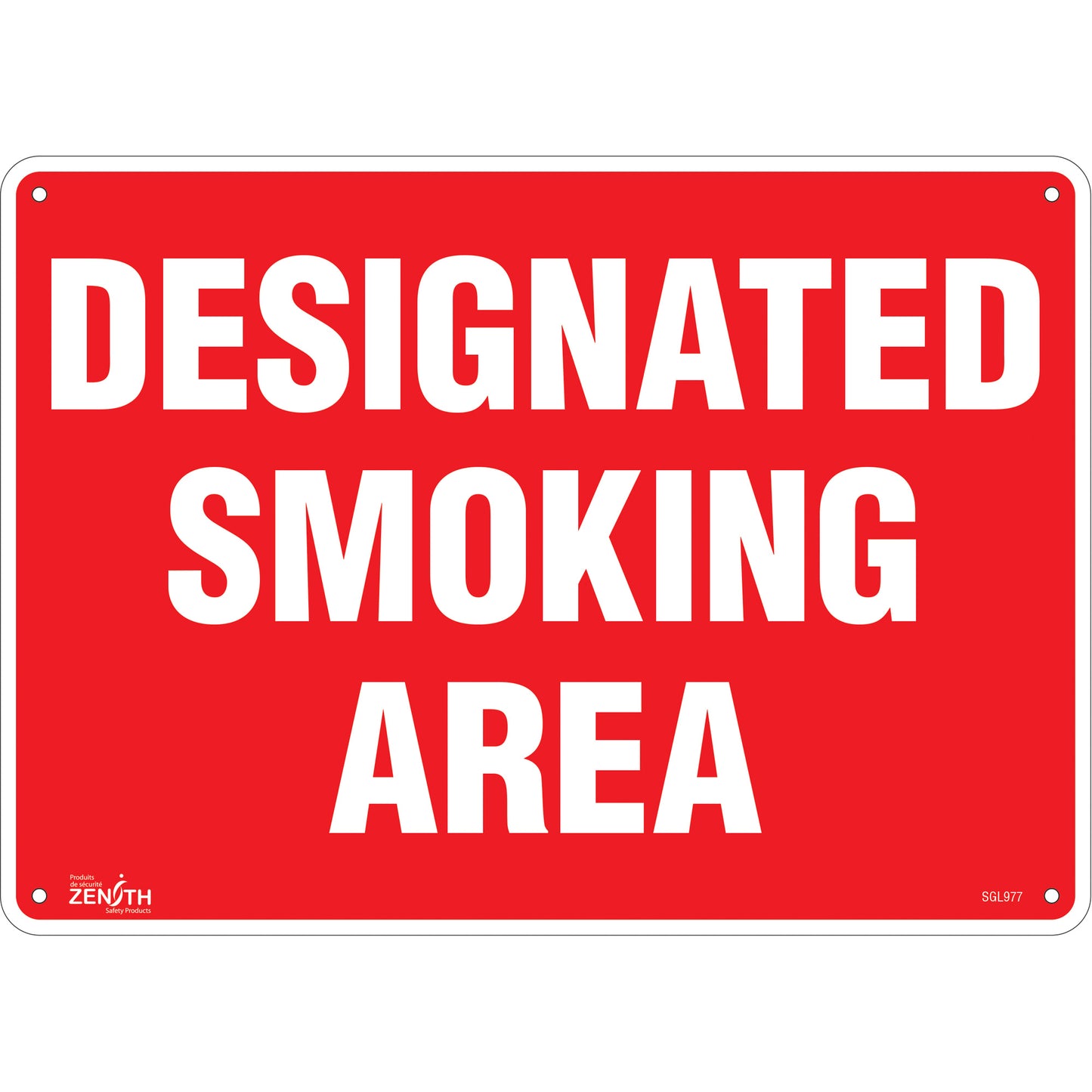 Zenith Safety Products "Designated Smoking Area" Sign, 10" x 14", Plastic, English