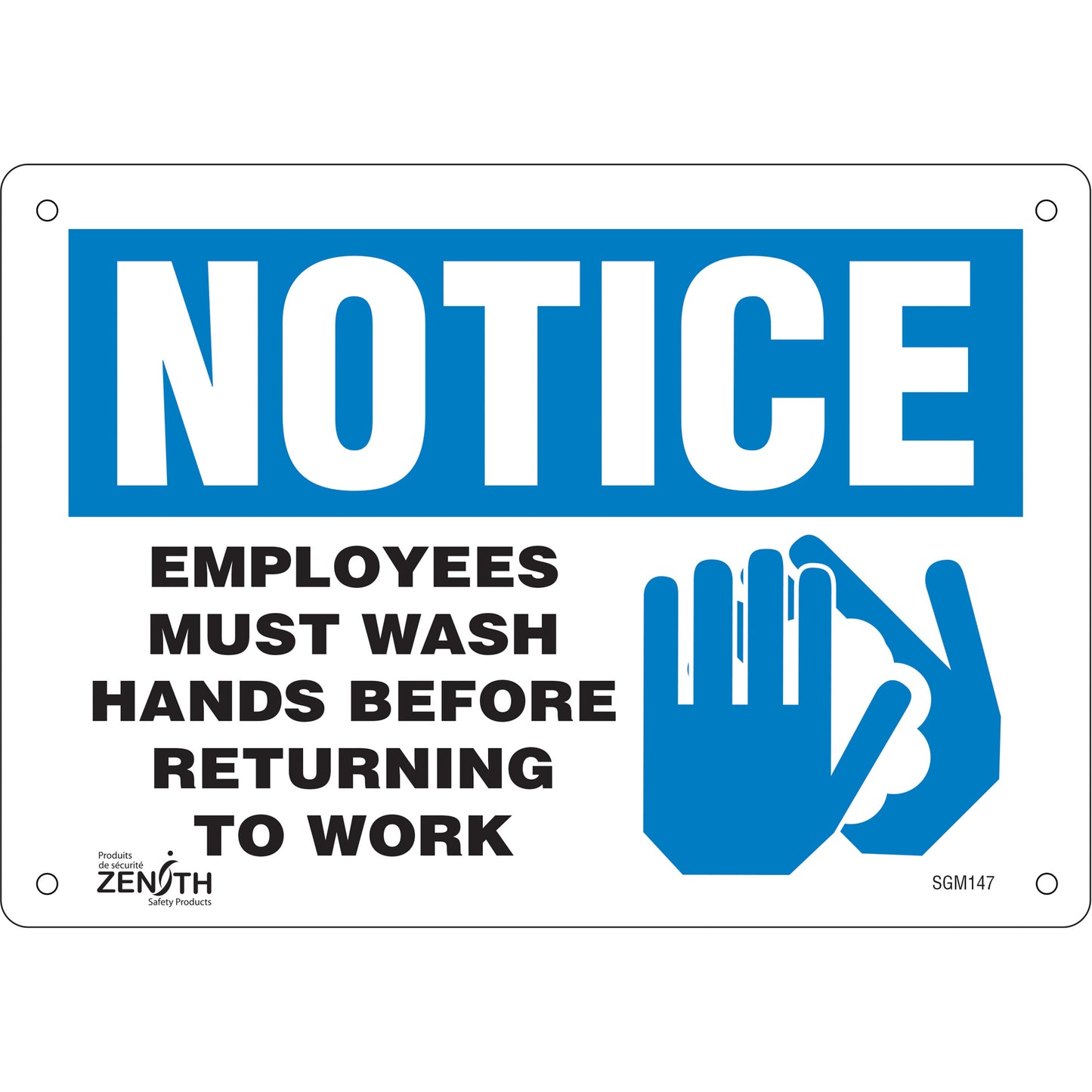 Zenith Safety Products "Employees Must Wash Hands" Sign, 7" x 10", Aluminum, English with Pictogram