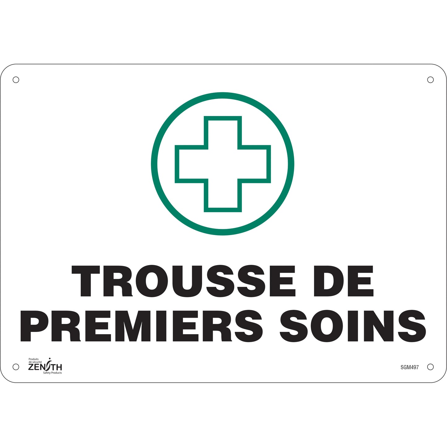 Zenith Safety Products "Premiers Soins" Sign, 10" x 14", Plastic, French with Pictogram