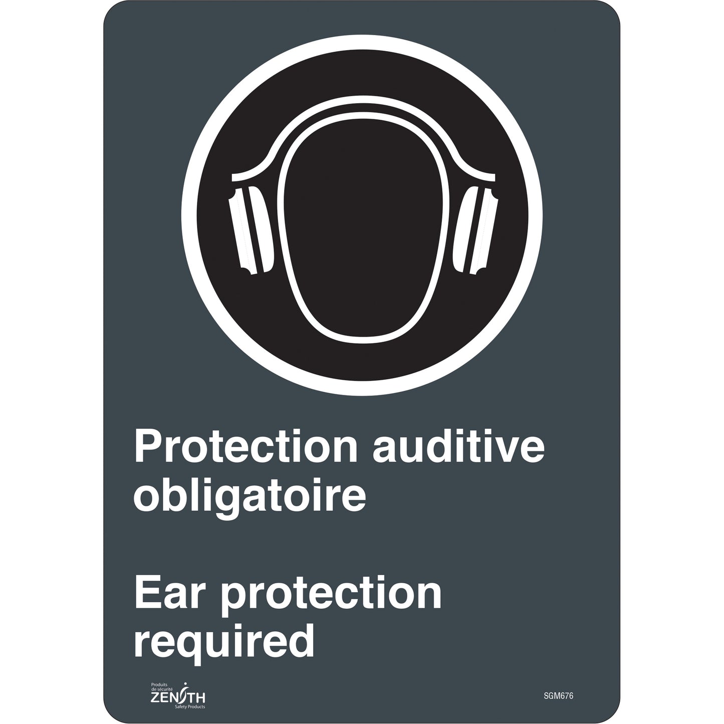 Zenith Safety Products "Ear Protection Required" Sign, 14" x 10", Vinyl, Bilingual with Pictogram