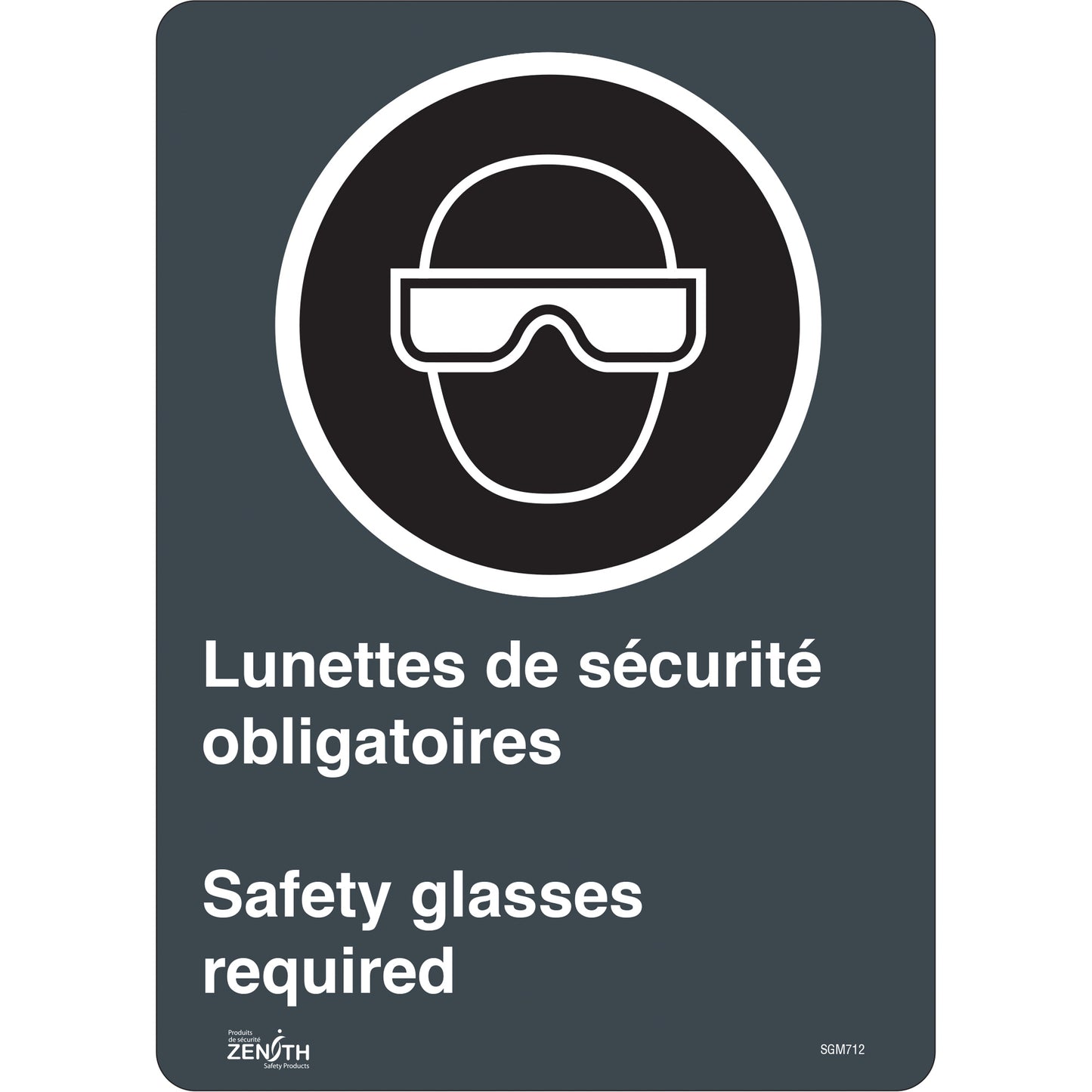 Zenith Safety Products "Safety Glasses Required/Lunettes de sécurité obligatoires" Sign, 14" x 10", Vinyl, Bilingual with Pictogram