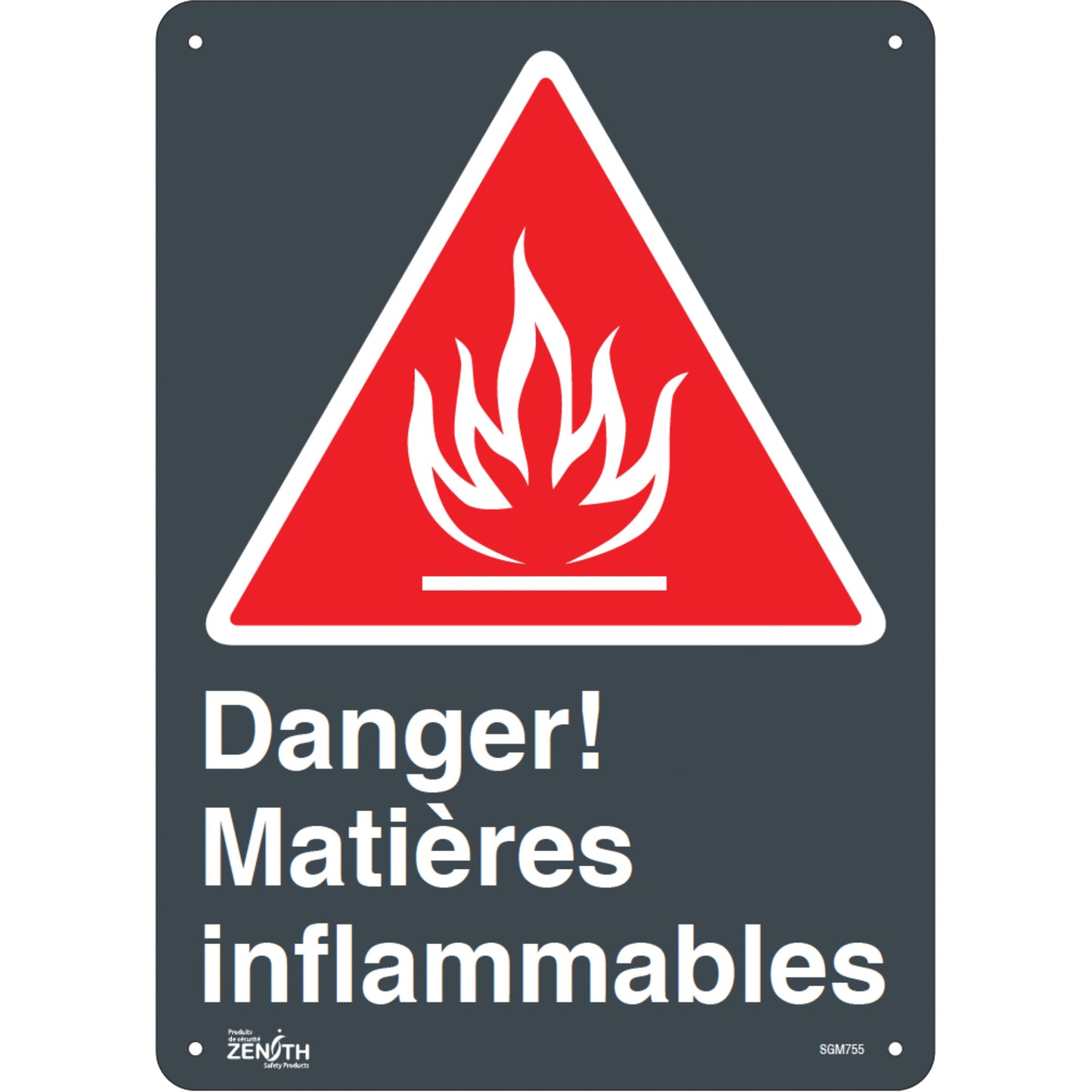 Zenith Safety Products "Matières Inflammables" Sign, 14" x 10", Plastic, French with Pictogram