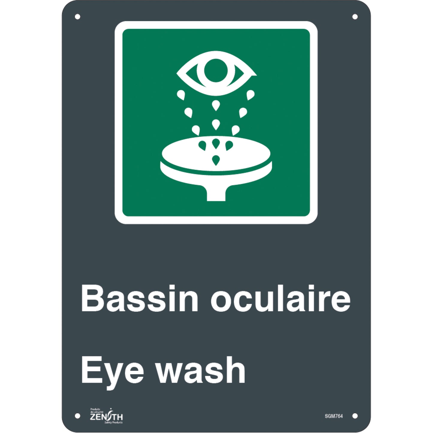 Zenith Safety Products "Bassin Oculaire/Eye Wash" Sign, 14" x 10", Plastic, Bilingual with Pictogram