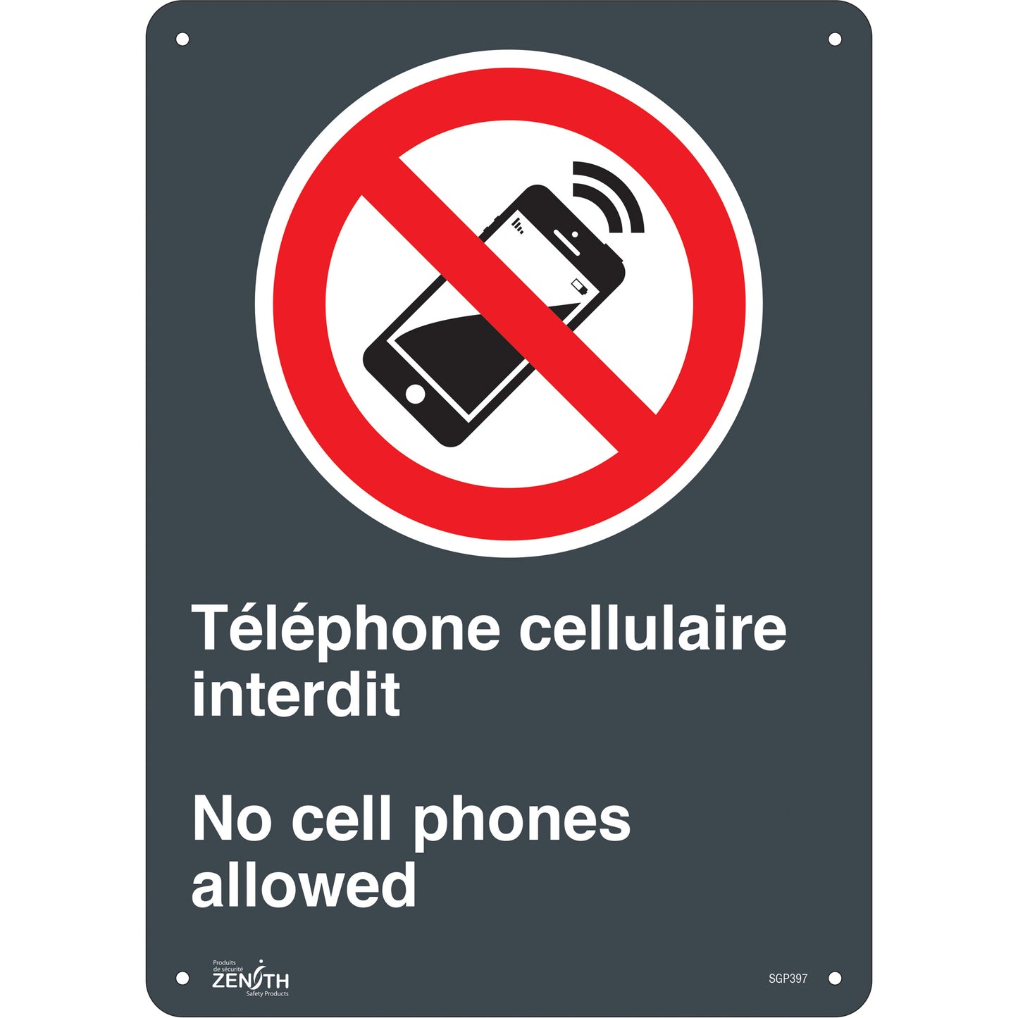 Zenith Safety Products "Téléphone cellulaire interdit /No Cell Phones" Sign, 14" x 10", Aluminum, Bilingual with Pictogram