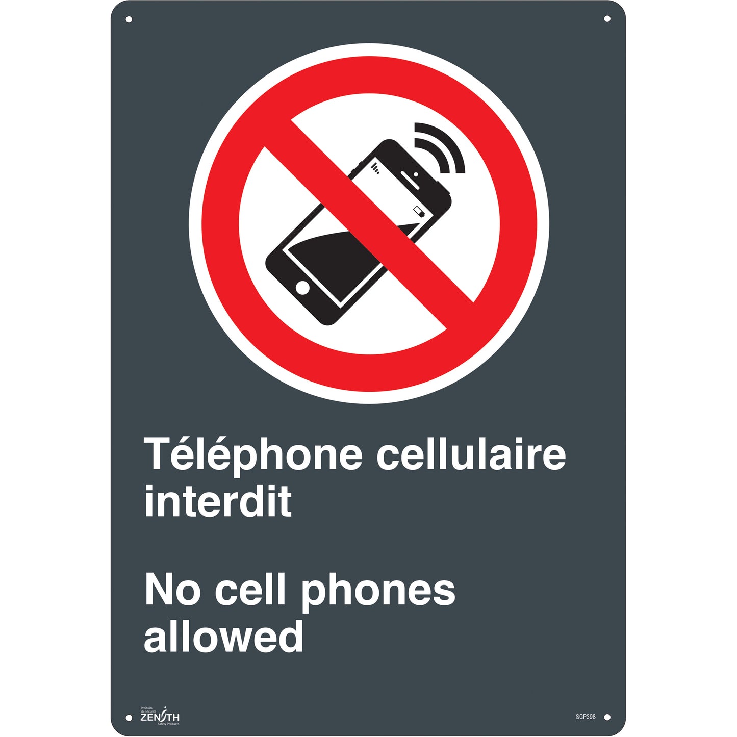 Zenith Safety Products "Téléphone cellulaire interdit /No Cell Phones" Sign, 20" x 14", Plastic, Bilingual with Pictogram