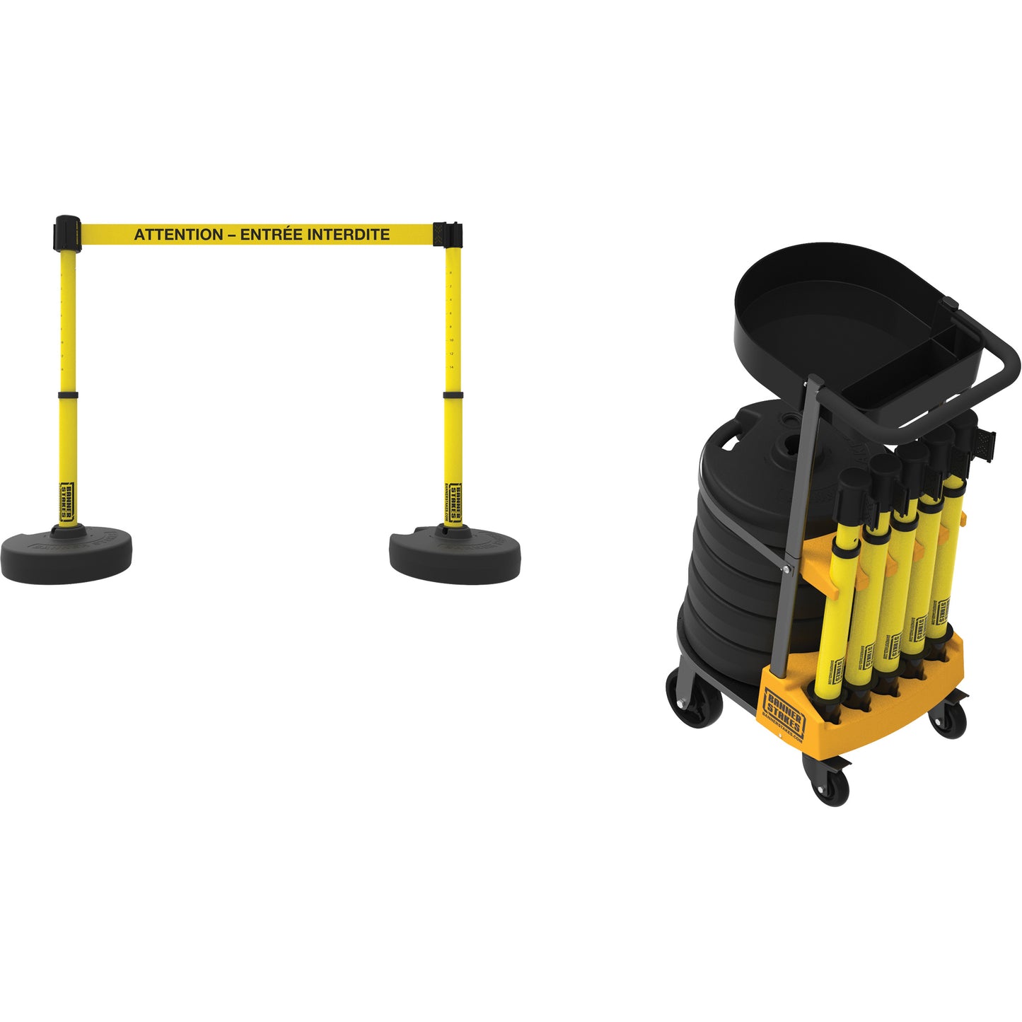 Banner Stakes Plus Portable Barrier System Cart Package with Tray, 75' L, Metal/Plastic, Yellow