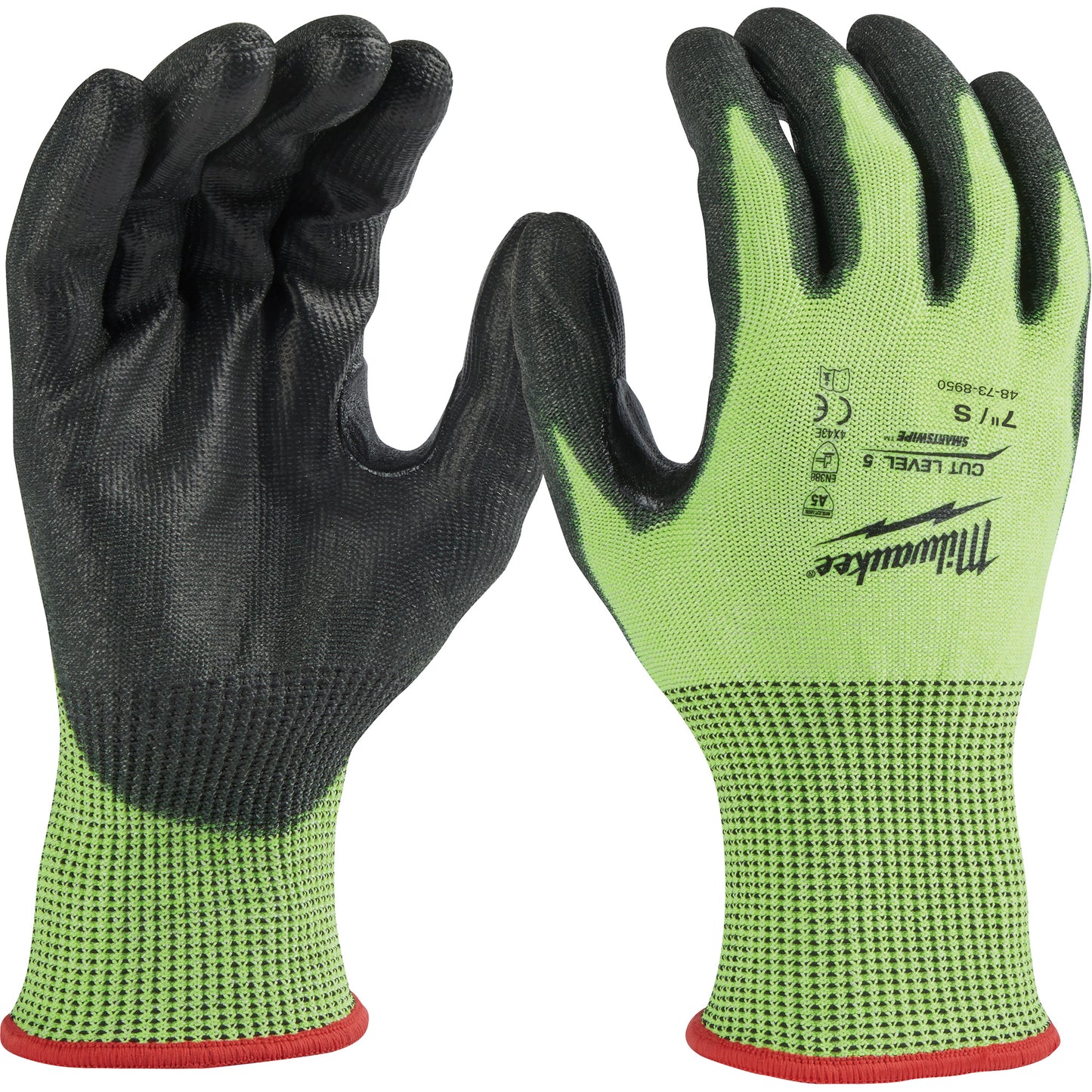 Milwaukee High Visibility Dipped Gloves, Size Small, 15 Gauge, Polyurethane Coated, Polyethylene Shell, ASTM ANSI Level A5