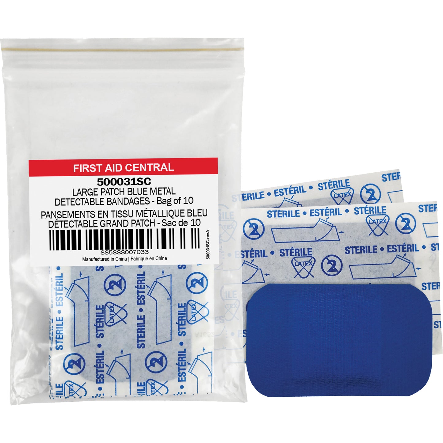 First Aid Central Blue Adhesive Bandages, Rectangular/Square, 3", Fabric Metal Detectable, Non-Sterile