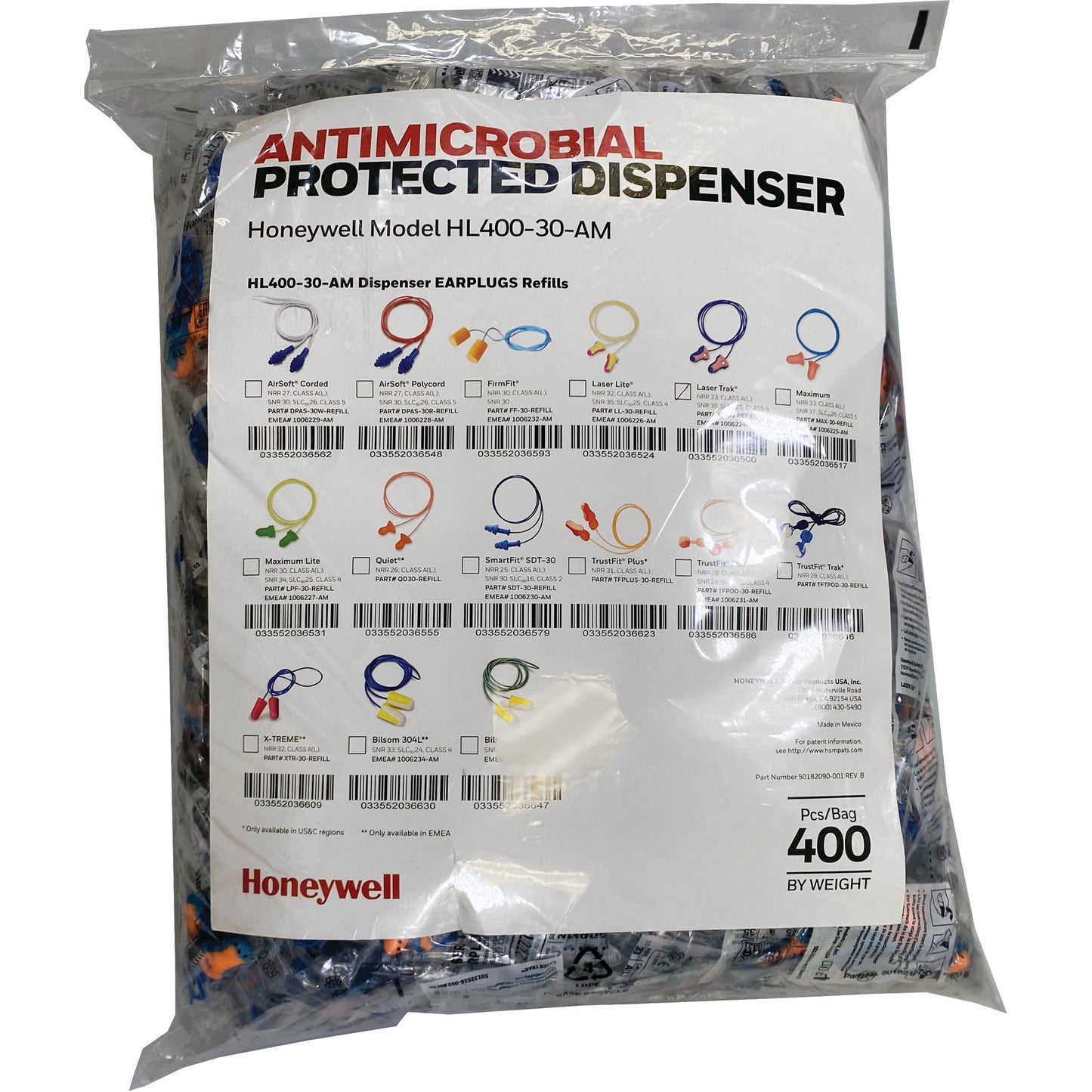 Honeywell LT-30 Earplugs Refill for HL400 Dispenser, Bulk - Polybag, Corded
