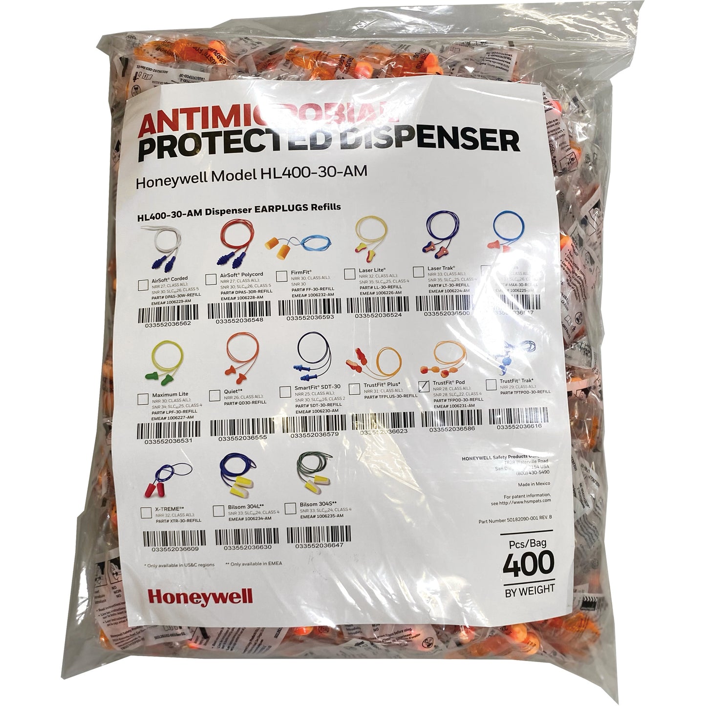 Honeywell TF-30 Earplugs Refill for HL400 Dispenser, Bulk - Polybag, Corded