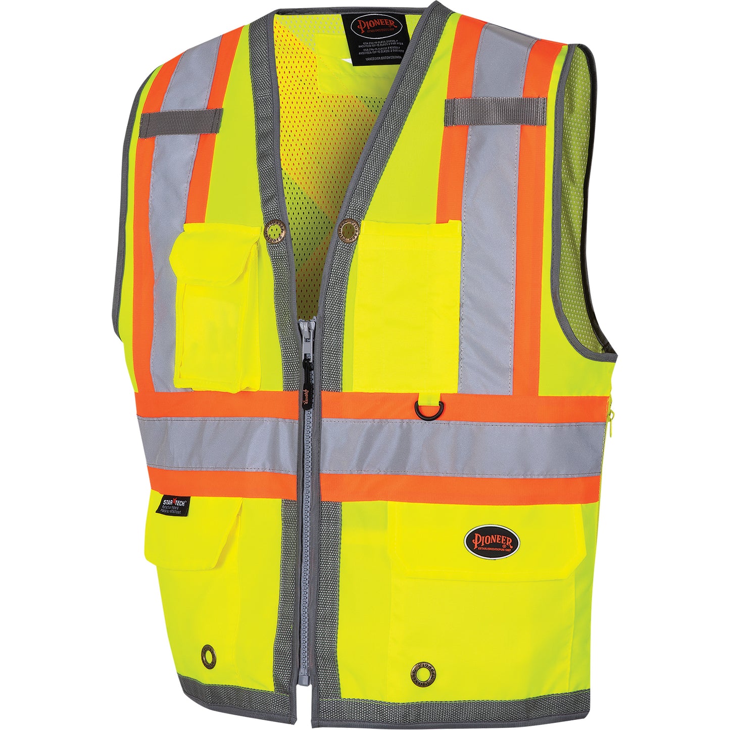 Pioneer 6673 Mesh-Back Zip-Front Surveyor's Vest, High Visibility Lime-Yellow, 6X-Large, Polyester