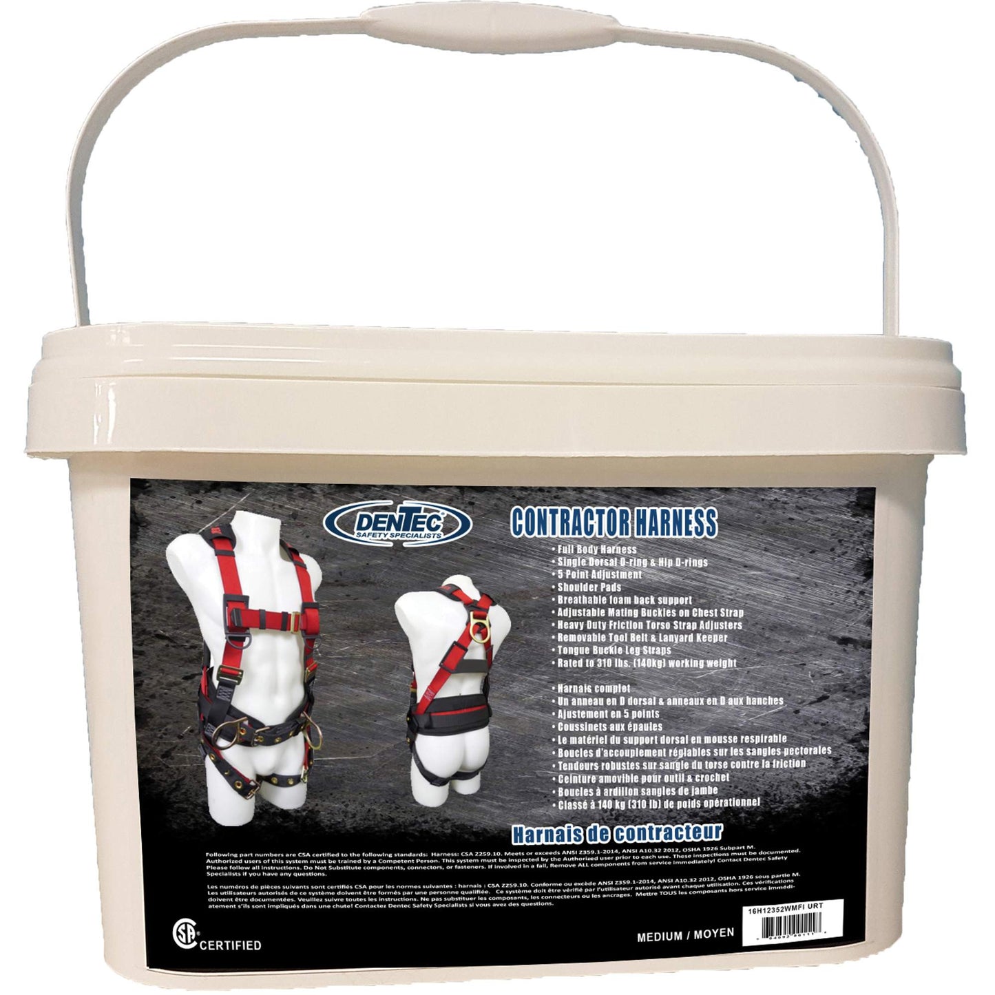 Dentec Contractor Safety Harness in Pail, CSA Certified, Class AP, Medium, 352 lbs. Cap.