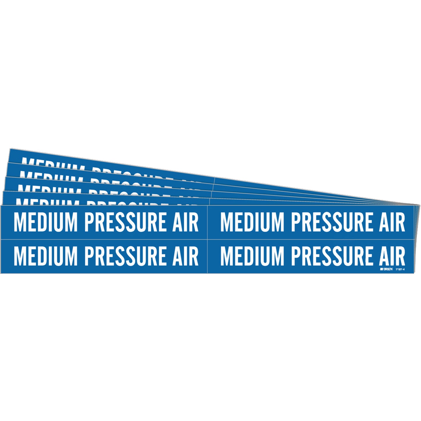 Brady "Medium Pressure Air" Pipe Markers, Self-Adhesive, 1-1/8" H x 7" W, White on Blue