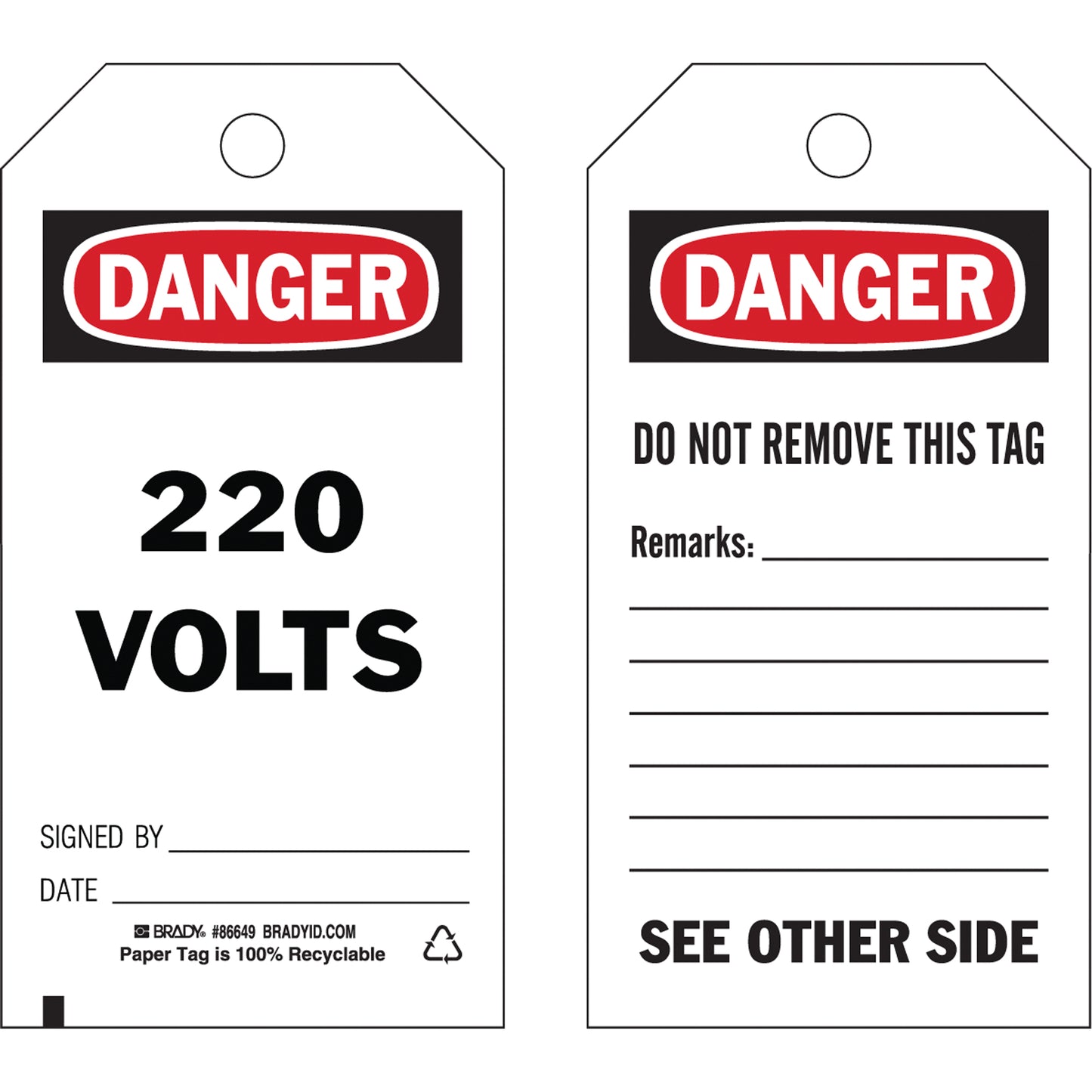 Brady Safety Tags, Cardstock, 3" W x 5-3/4" H, English