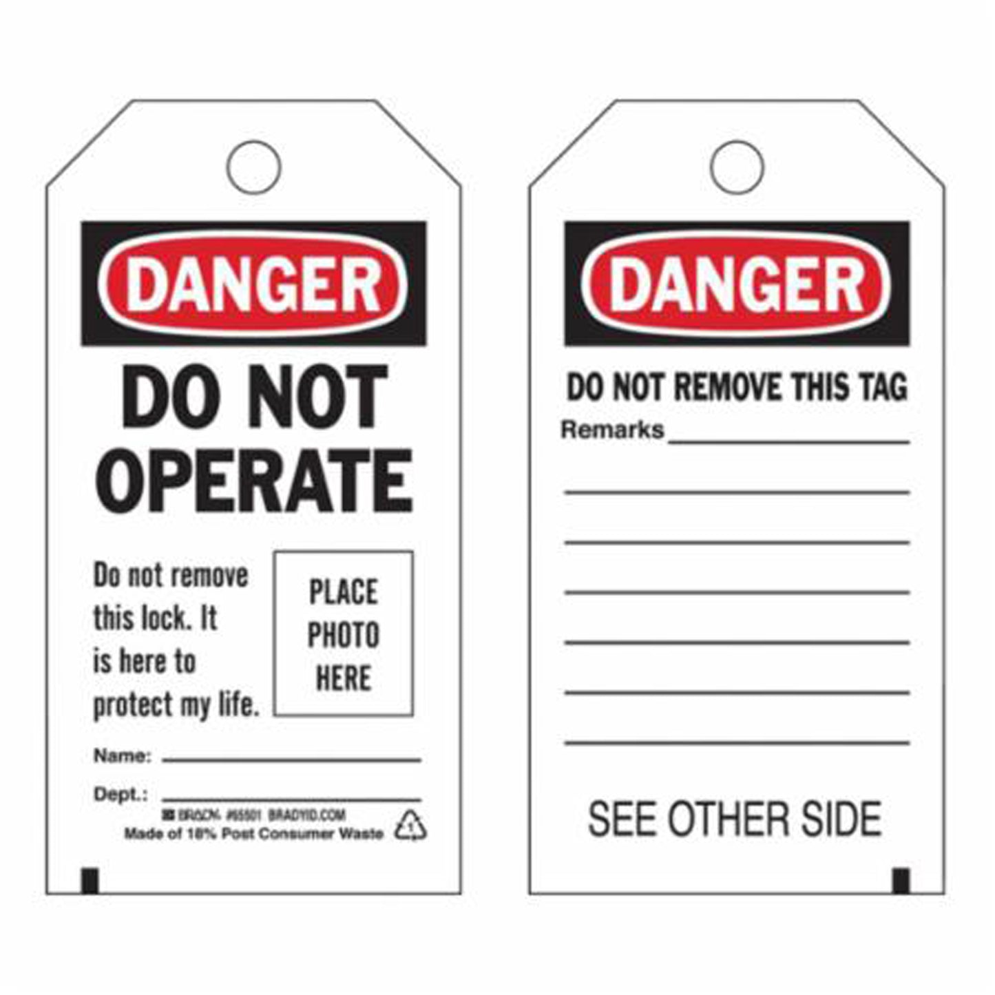 Brady Self-Laminating "Do Not Operate" Tags, Polyester, 3" W x 5-3/4" H, English
