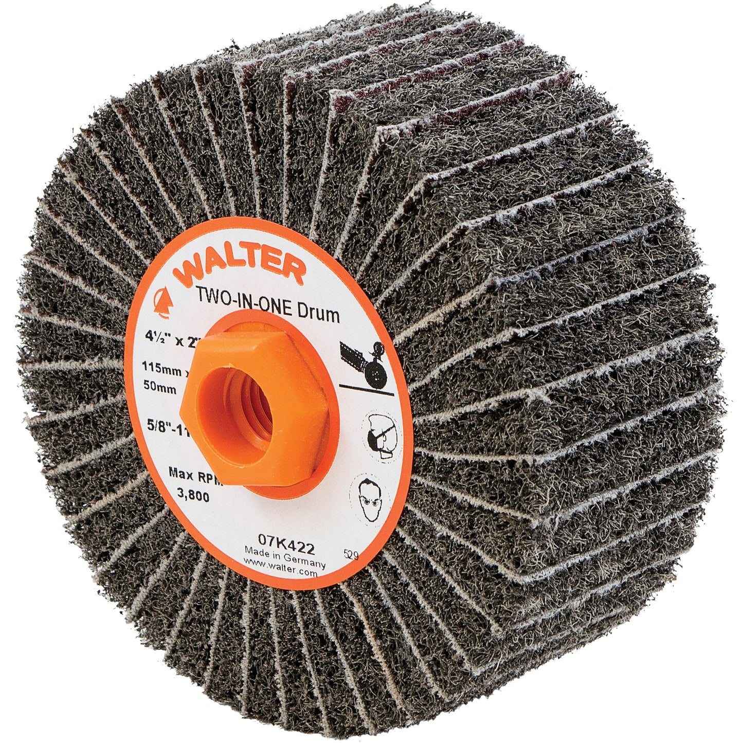 Two-In-One™ Finishing Drums, 4-1/2" Dia. x 2" W, 5/8"-11 Arbor, Aluminum Oxide