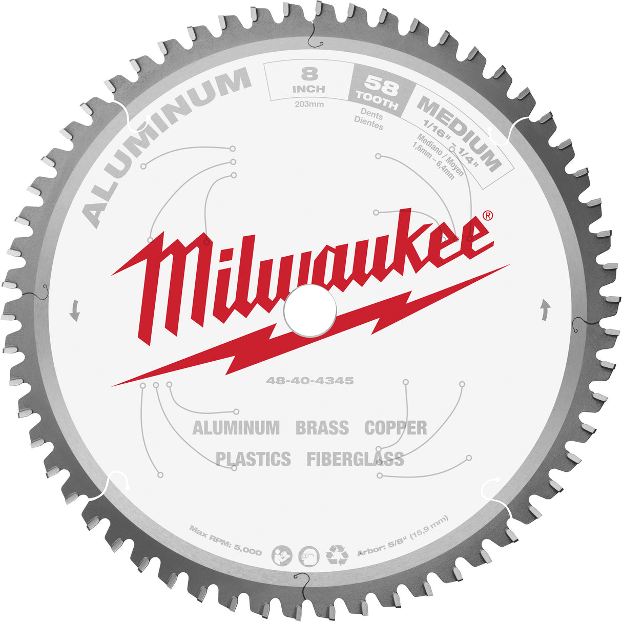 Aluminum Cutting Circular Saw Blade, 8", 58 Teeth, Plastic/Non-Ferrous Use