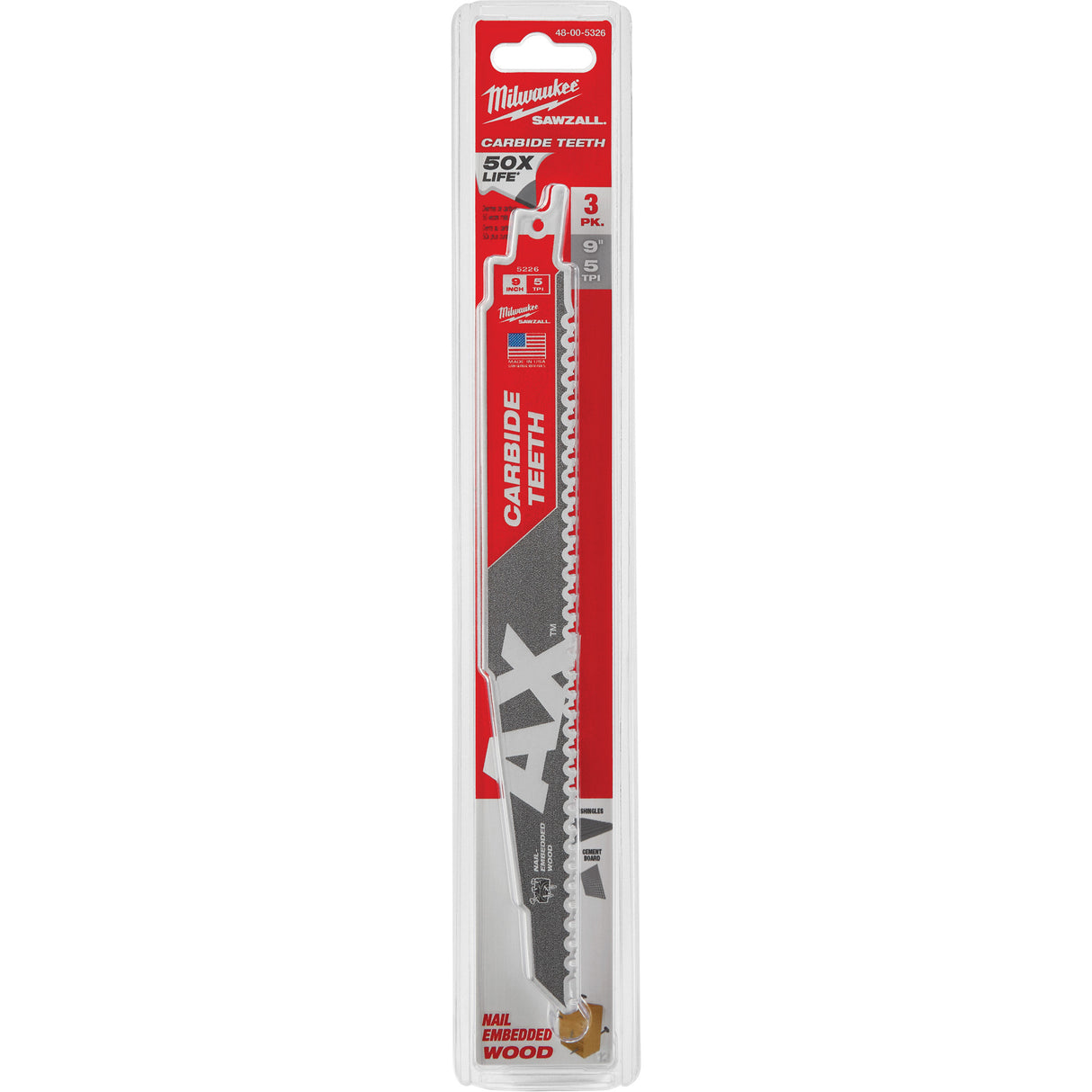 The Ax™ Sawzall® Blade, Carbide, 5 TPI, 9" L x 1" W
