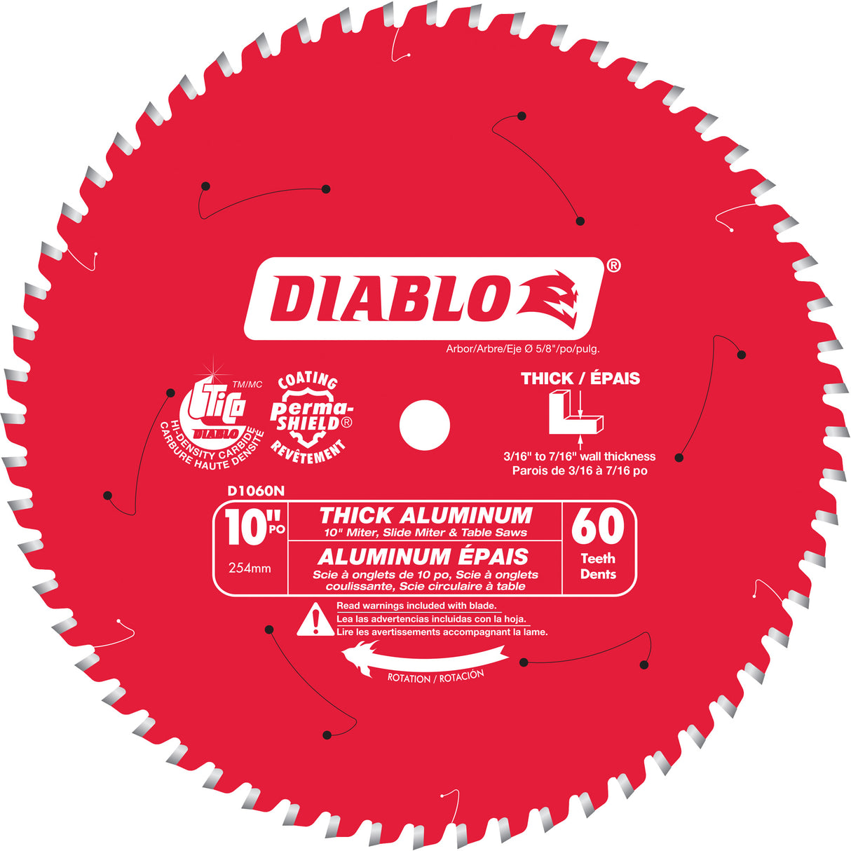 Thick Aluminum Cutting Circular Saw Blade, 10", 60 Teeth, Plastic/Fibreglass/Non-Ferrous Use