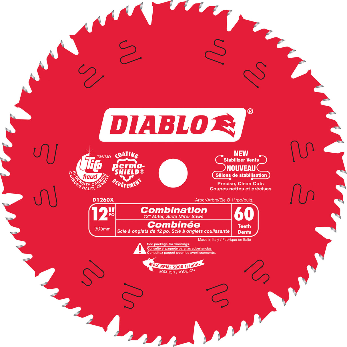 Combination Circular Saw Blade, 12", 60 Teeth, Laminate/Wood Use