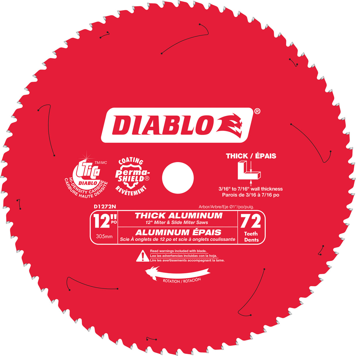 Thick Aluminum Cutting Circular Saw Blade, 12", 72 Teeth, Plastic/Fibreglass/Non-Ferrous Use