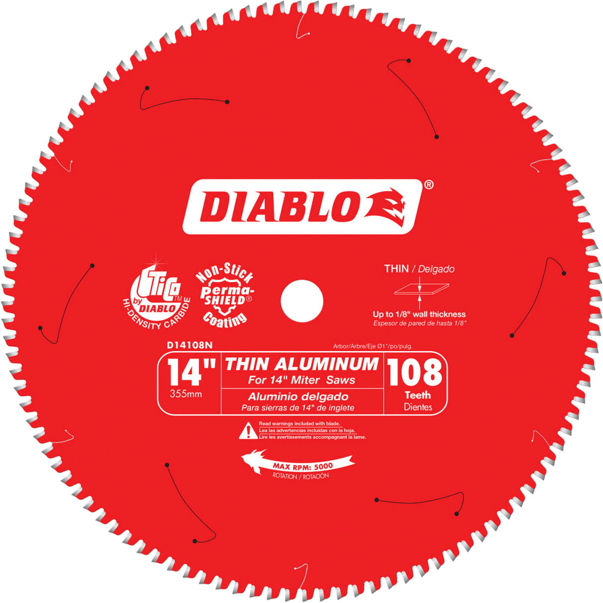 Thin Aluminum Cutting Circular Saw Blade, 14", 108 Teeth, Plastic/Fibreglass/Non-Ferrous Use