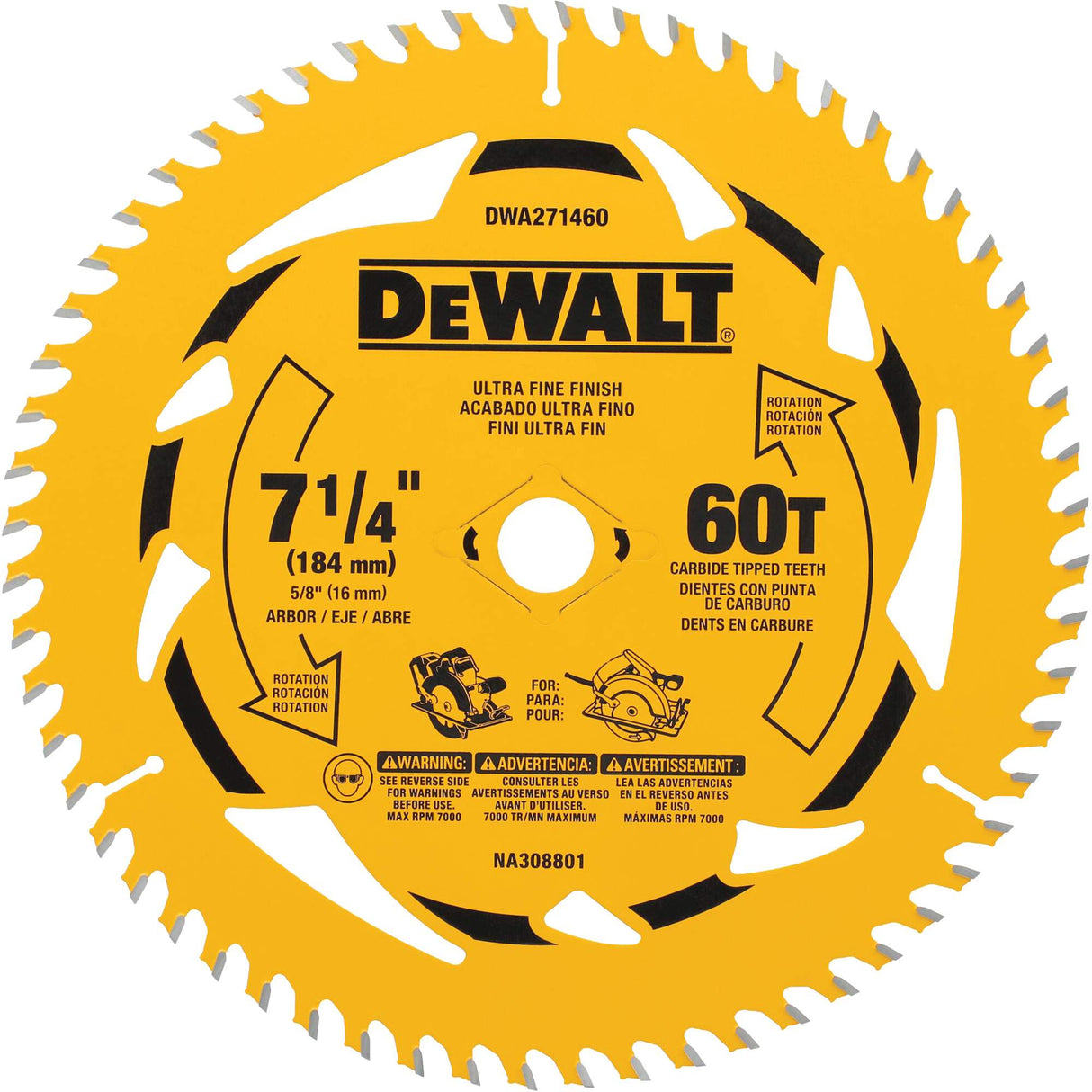 Circular Saw Blade, 7-1/4", 60 Teeth, Wood Use