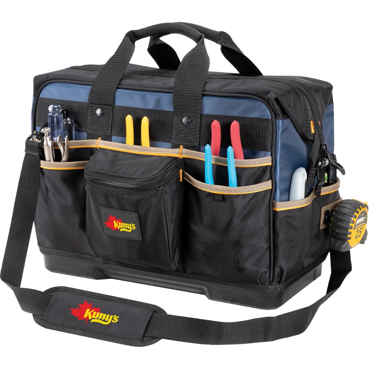 Molded Base Contractor's Closed-Top Tool Bag, Ballistic Polyester, 29 Pockets, Black/Blue