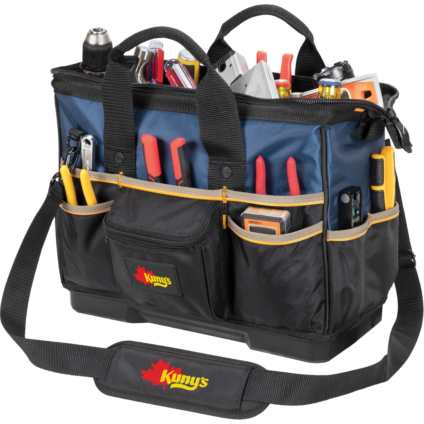 Molded Base Big-Mouth Tote Tool Bag, Ballistic Polyester, 23 Pockets, Black/Blue