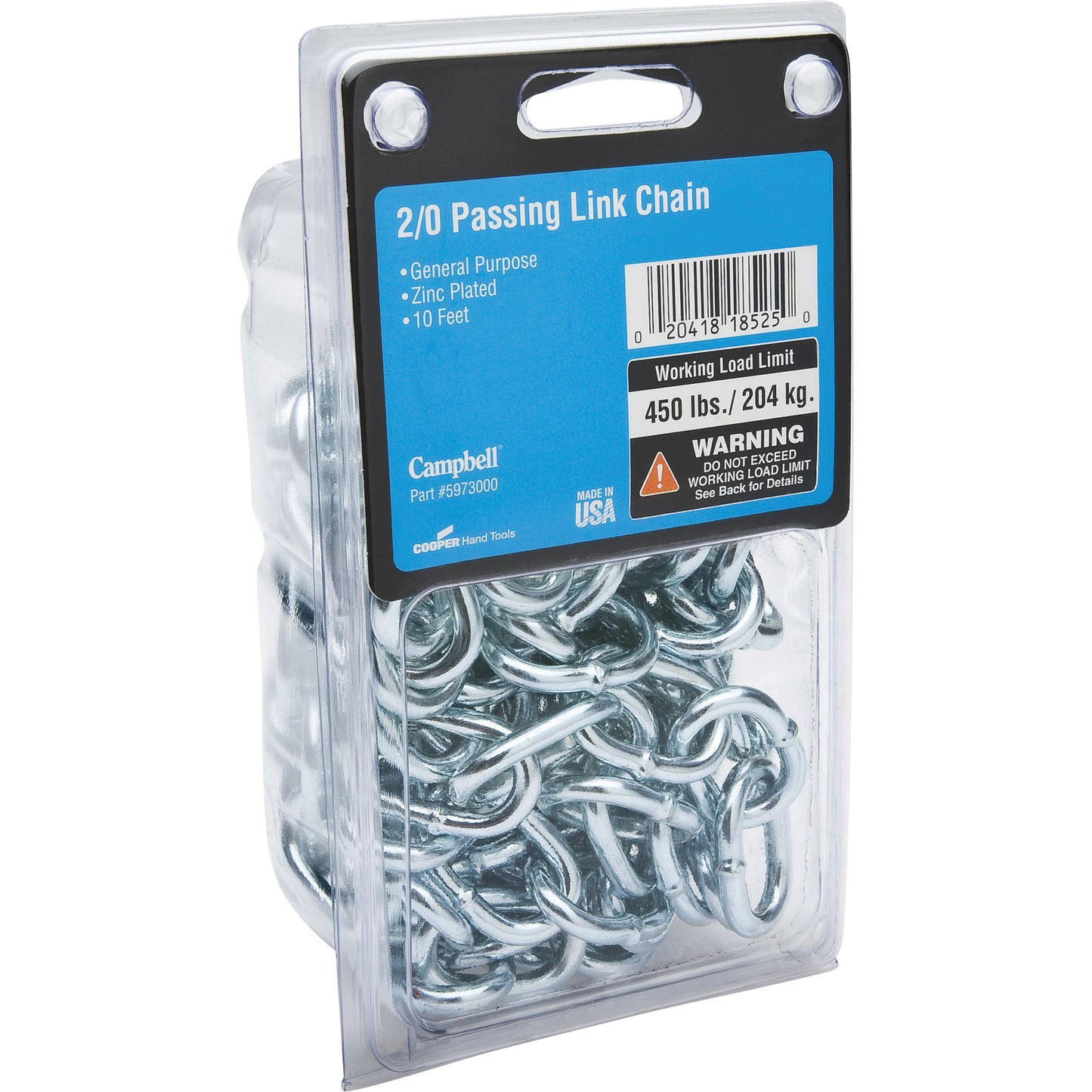 Straight Link Coil Chain, Low Carbon Steel, 2/0 x 10' (3.048 m) L, 520 lbs. (0.26 tons) Load Capacity