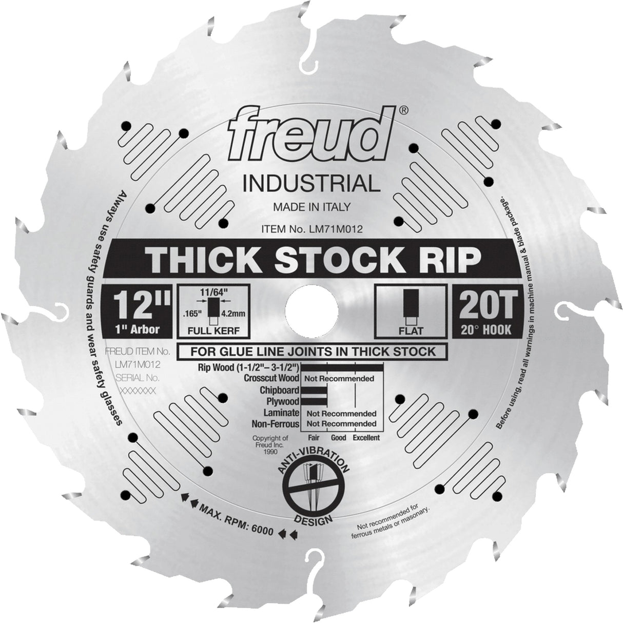 Industrial Saw Blade - Ripping, 12", 20 Teeth, Wood Use