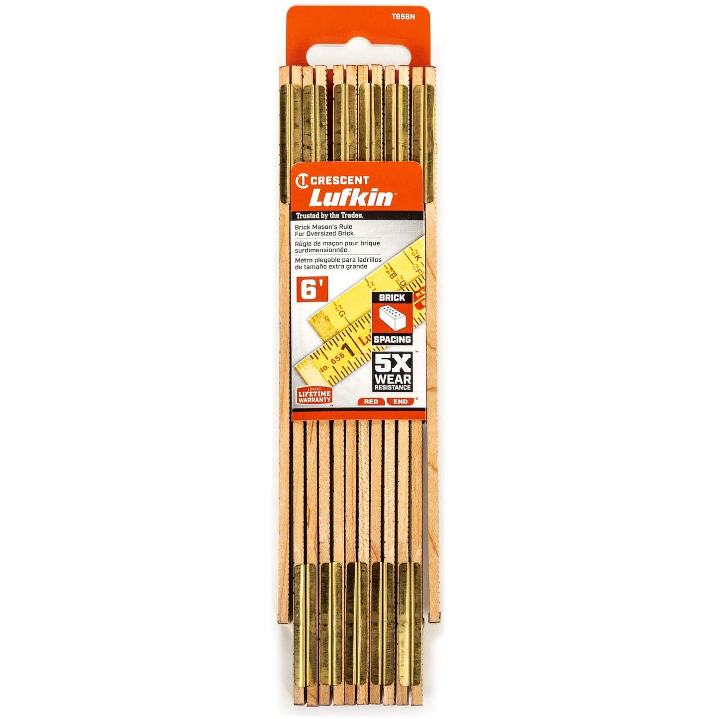Red End® Oversized Brick Mason Rule, 6' L, Wood, 1/16" Graduations