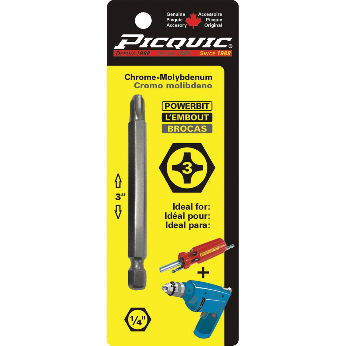 Picquic® Powerbit, Phillips, #3 Tip, 1/4" Drive Size, 3" Length