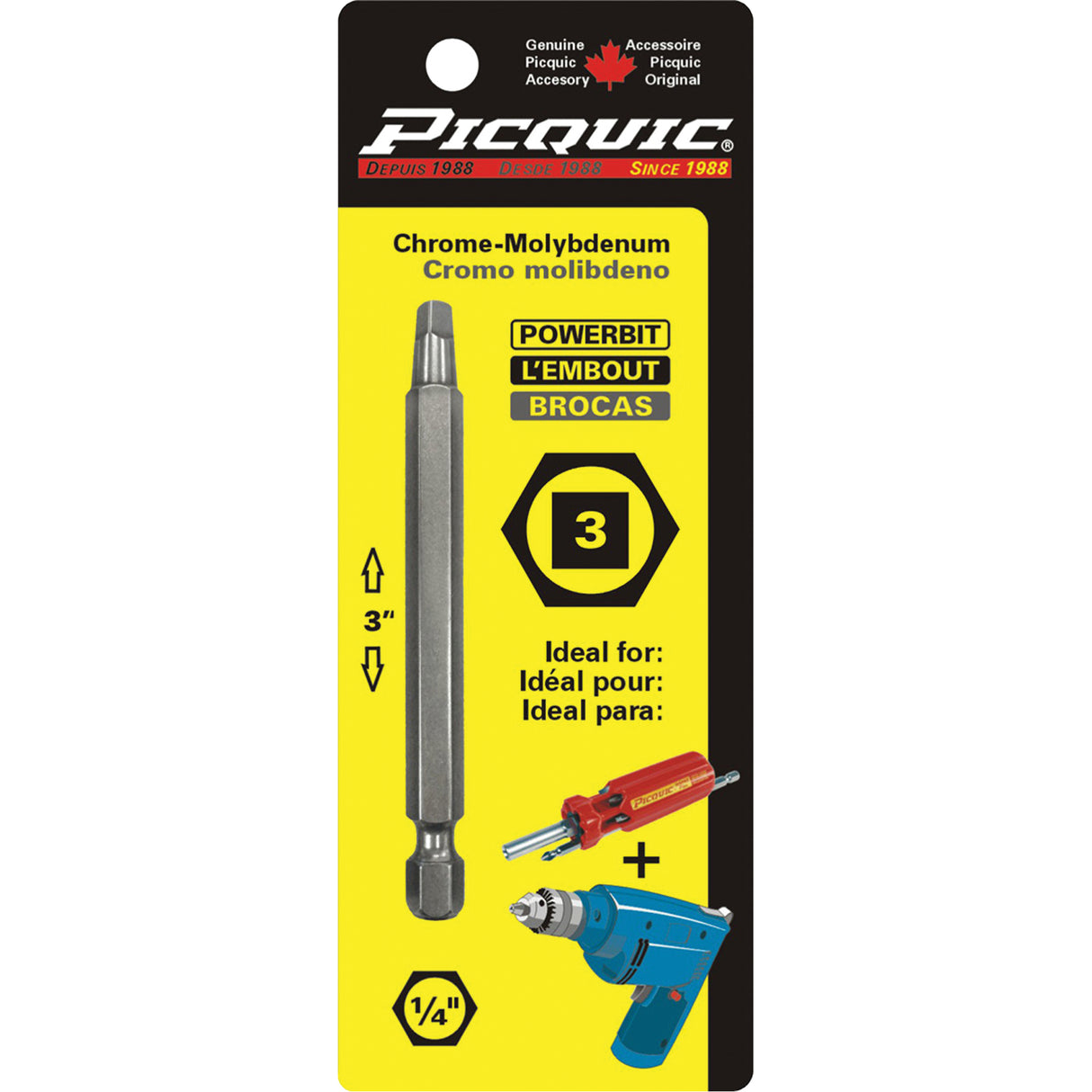Picquic® Powerbit, Square, #3 Tip, 1/4" Drive Size, 3" Length