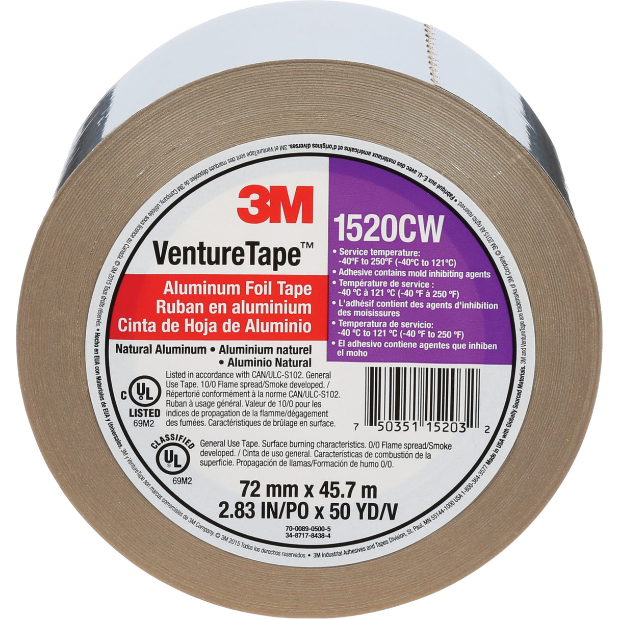 Venture Tape™ Aluminum Foil Tape, 1.8 mils Thick, 72 mm (3") x 45.7 m (150')