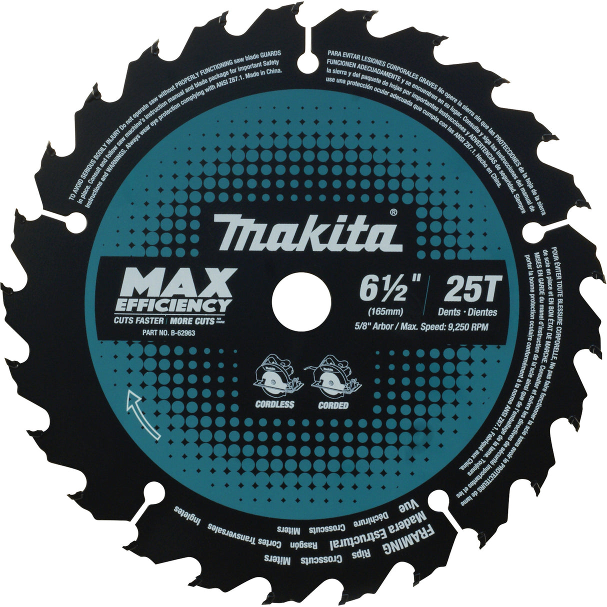 Max-Efficiency Circular Saw Blade, 6-1/2", 25 Teeth, Laminate/Wood Use