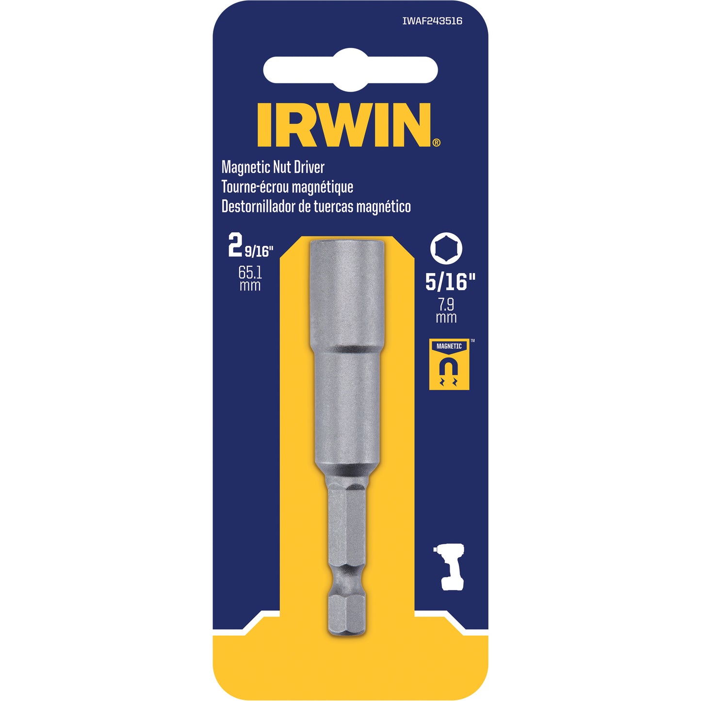 Nutsetter, 5/16" Tip, 1/4" Drive, 2-9/16" L, Magnetic