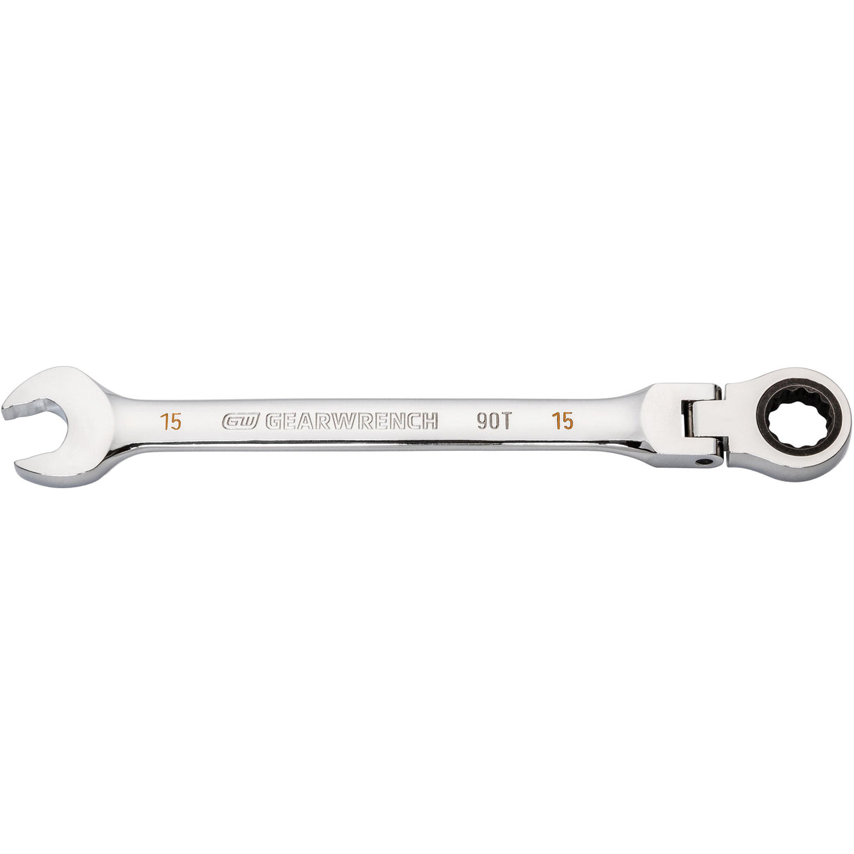 90-Tooth Flex Head Ratcheting Combination Wrench, 12 Point, 15 mm, Chrome Finish