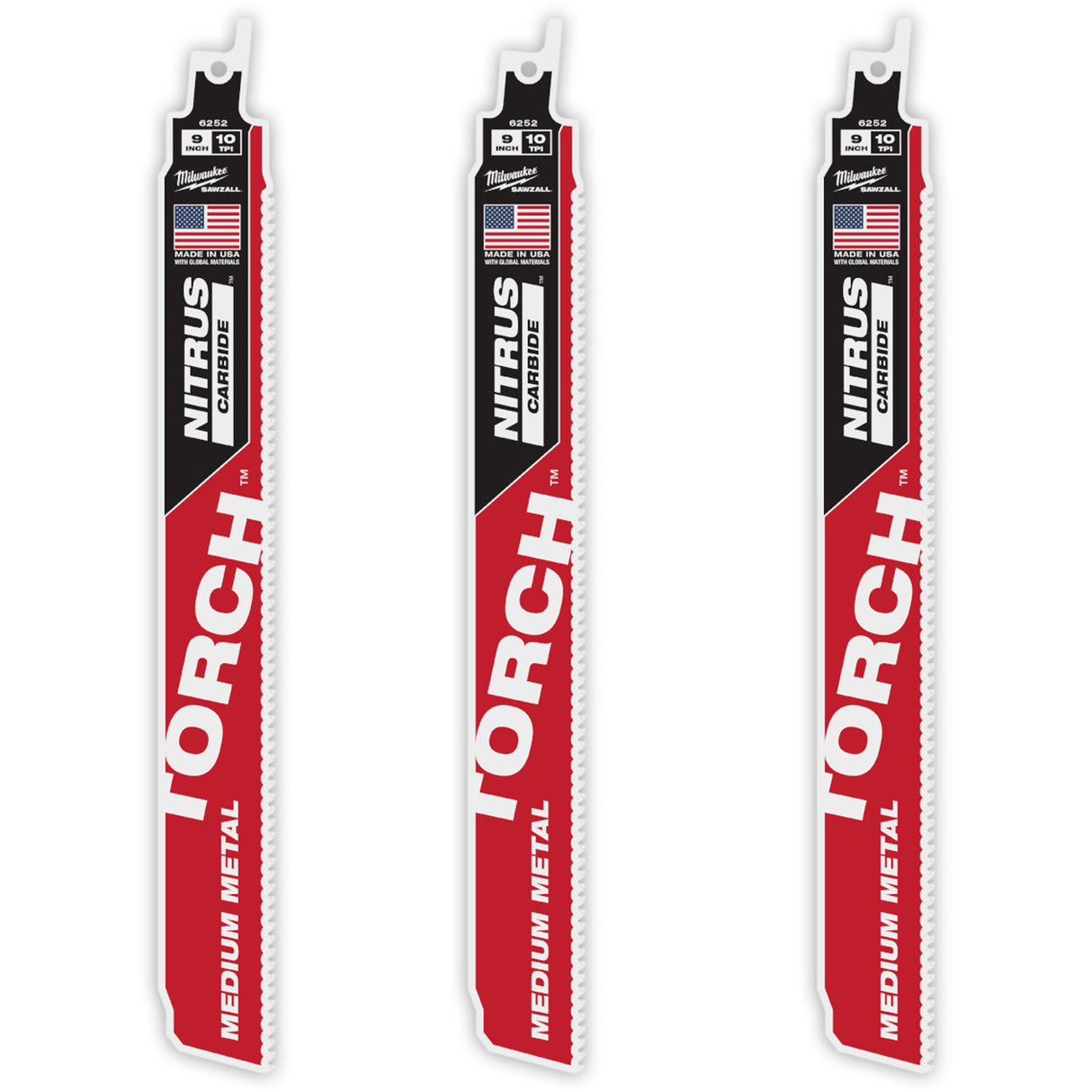 TORCH™ 3-Pack with NITRUS CARBIDE™ Teeth for Medium Metal, Carbide, 10 TPI, 9" L x 1" W