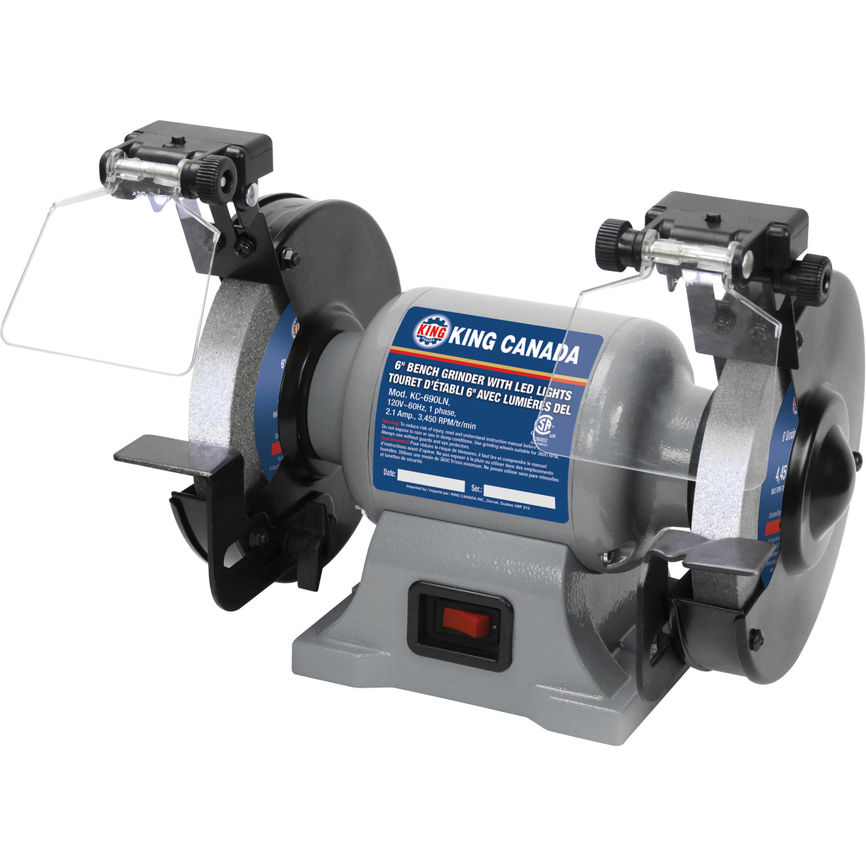 Bench Grinder with LED Lights, 6" Wheel Diameter, 3450 RPM