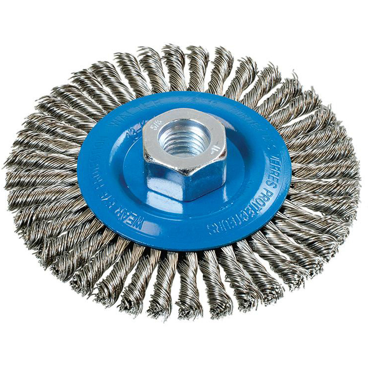 Stringer Bead Knotted Wire Brush, 4-1/2" Dia., 0.02" Fill, 5/8"-11 Arbor, Aluminum/Stainless Steel