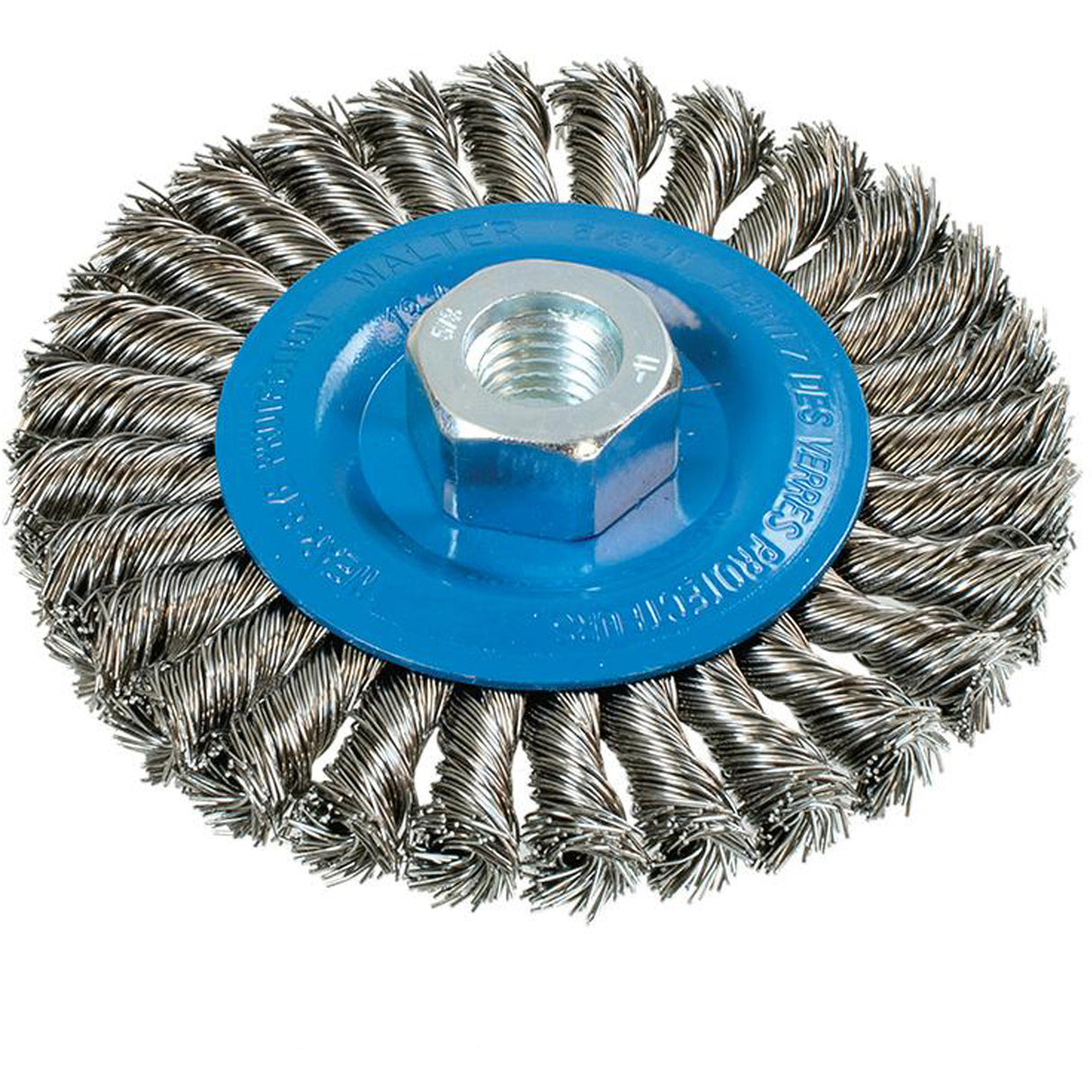 Wide Knotted Wire Wheel Brush, 4-1/2" Dia., 0.02" Fill, 5/8"-11 Arbor, Aluminum/Stainless Steel