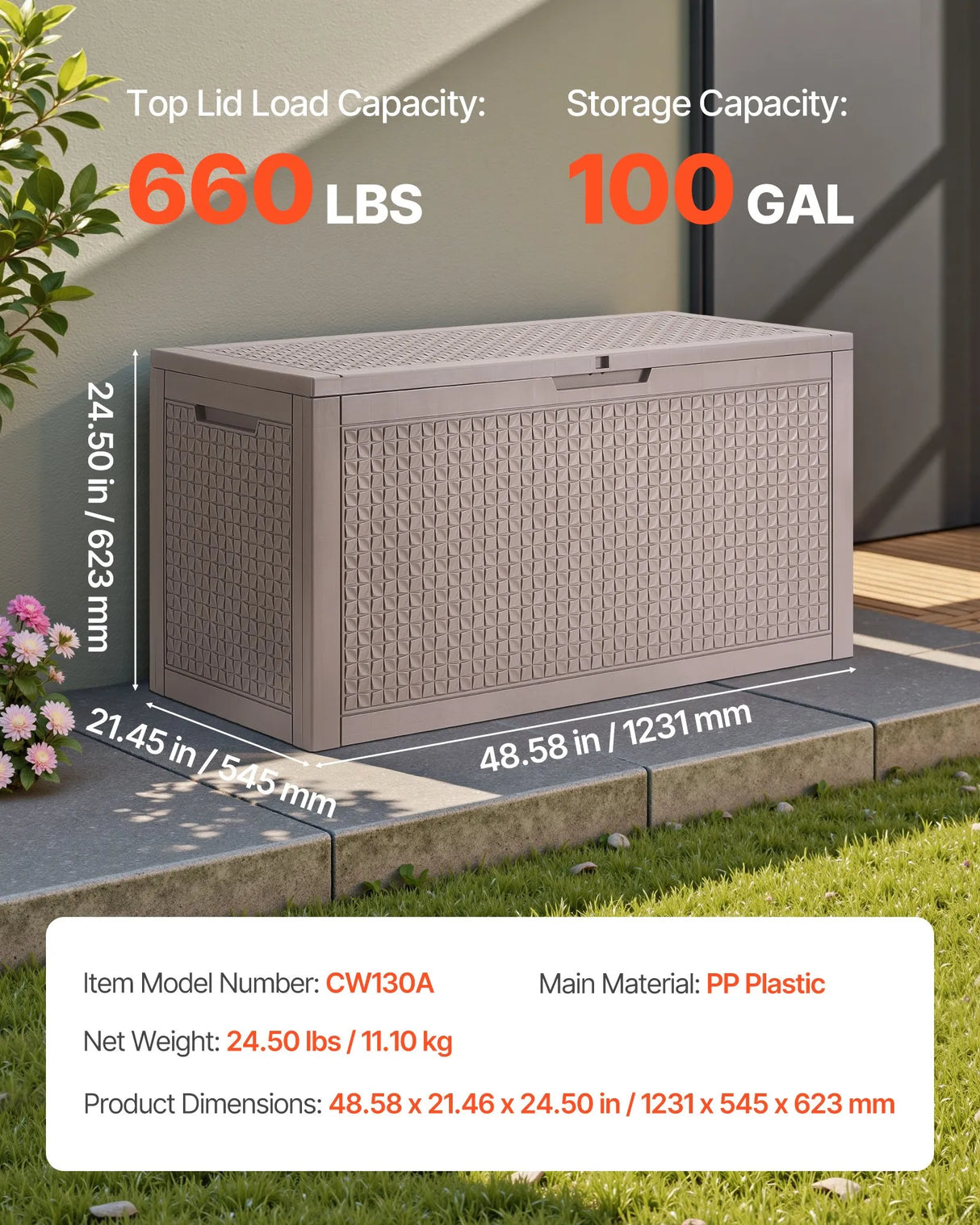 VEVOR Outdoor Storage Box, 100 Gallon Resin Deck Box, Backyard Outside Toy and Towel Storage Cabinet Waterproof, for Patio Furniture Cushions, Garden Tools, Pool Supplies & Package Delivery (Grey) VEVOR