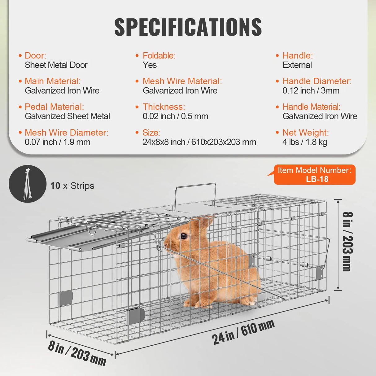 VEVOR Live Animal Cage Trap, 24" x 8" x 8" Humane Cat Trap Galvanized Iron, Folding Animal Trap with Handle for Rabbits, Stray Cats, Squirrels, Raccoons, Groundhogs and Opossums VEVOR