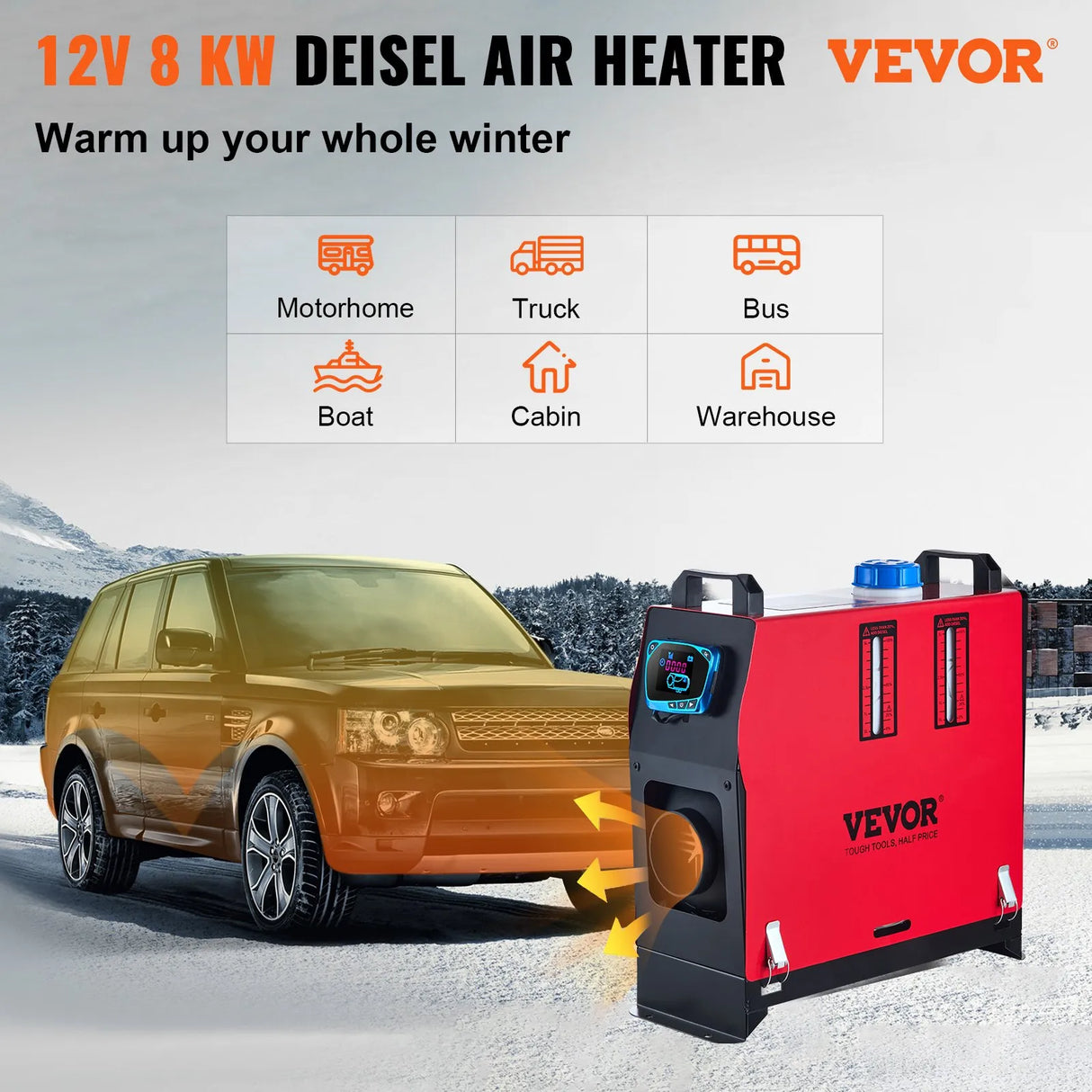 VEVOR 8KW Diesel Air Heater Muffler Diesel Heater 12V 8000W Diesel Parking Heater Remote Control Remote Control with LCD Switch for Car Bus Trucks Motorhome and Boats VEVOR