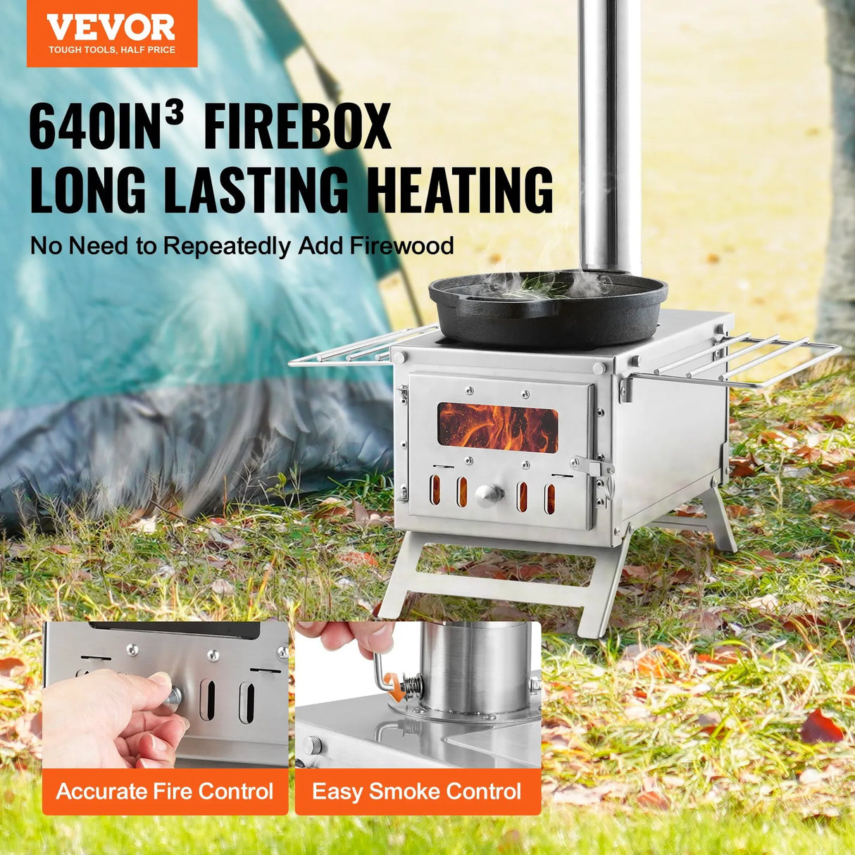 VEVOR Wood Stove, 80 inch, Stainless Steel Camping Tent Stove, Portable Wood Burning Stove with Chimney Pipes & Gloves, 700in³Firebox Hot Tent Stove for Outdoor Cooking and Heating with 8 Pipes VEVOR
