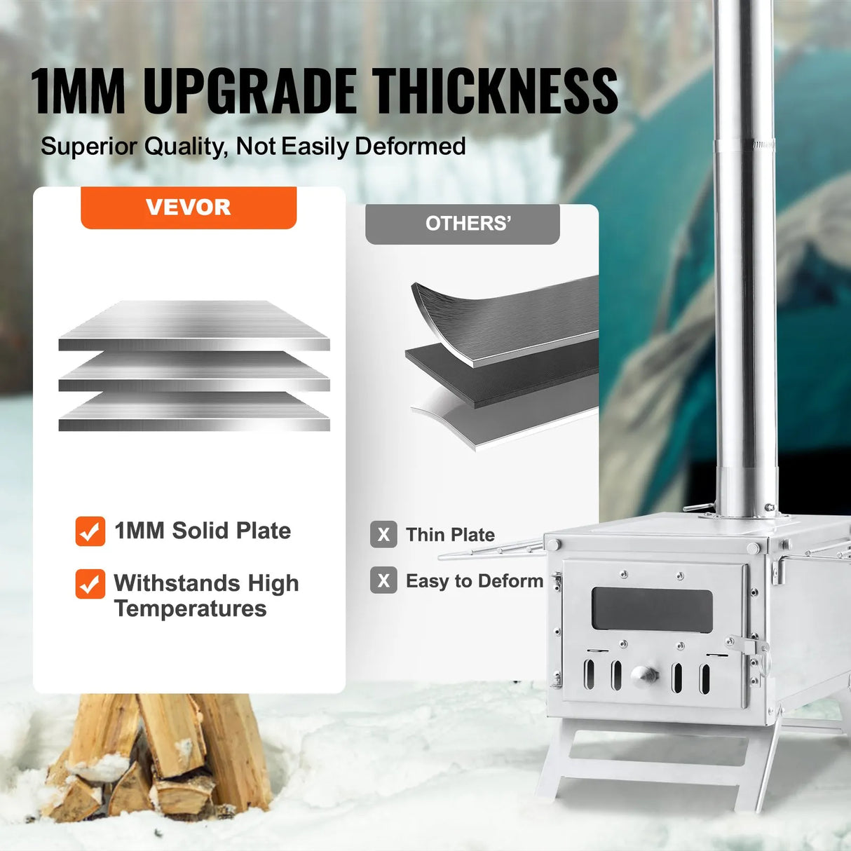 VEVOR Wood Stove, 80 inch, Stainless Steel Camping Tent Stove, Portable Wood Burning Stove with Chimney Pipes & Gloves, 700in³Firebox Hot Tent Stove for Outdoor Cooking and Heating with 8 Pipes VEVOR