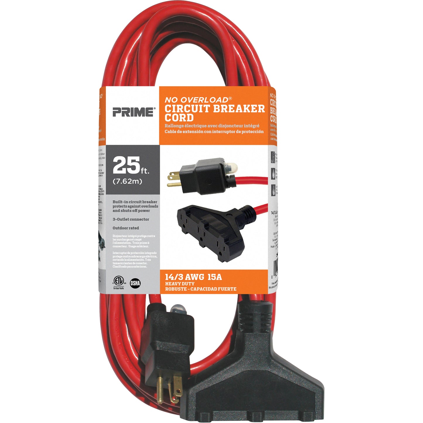 Vinyl Extension Cord, Outdoor, SJTW, 14/3 AWG, 15 A, 3 Outlet(s), 25'