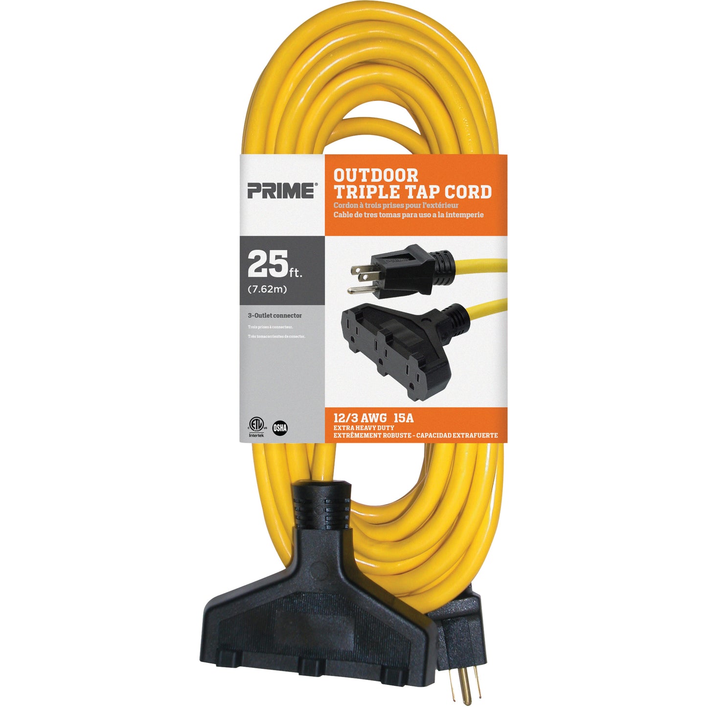 Vinyl Extension Cord, Outdoor, SJTW, 12/3 AWG, 15 A, 3 Outlet(s), 25'