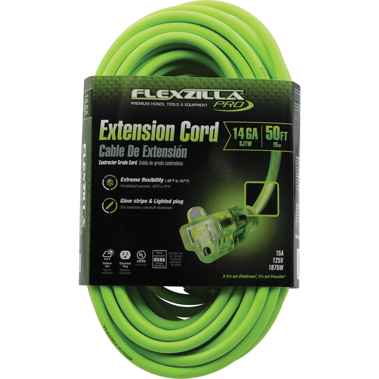 Flexzilla® Pro Industrial Extension Cord, All-Weather, SJTW, 14/3 AWG, 15 A, 50'